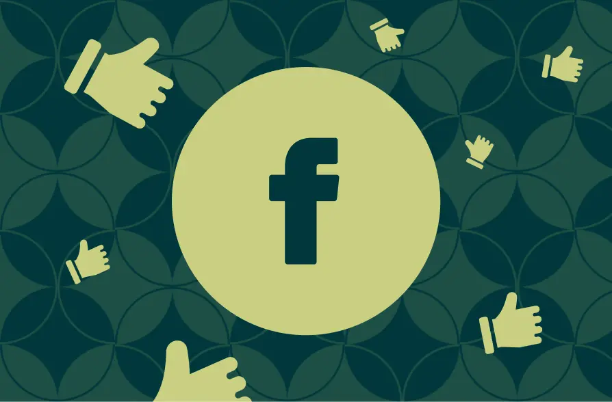 The image features a dark green patterned background with several light green "thumbs up" icons floating around a central circle. Inside the circle is a bold, dark green "f" representing the Facebook logo. The overall design highlights Facebook's social media platform and its engagement feature (likes). The pattern adds a dynamic touch to the clean, simple layout.