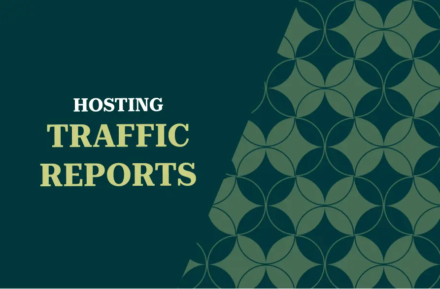 The image features a deep green background with a repeating pattern of curved shapes. On the left side, the text "HOSTING" is written in white, with "TRAFFIC REPORTS" in bold, yellow letters beneath it. This conveys a professional and informational theme related to hosting services and website traffic monitoring. The overall design has a structured, organized appearance, focusing on clarity and emphasis on hosting and traffic report management.