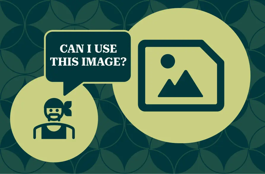 The image features a background with a dark green, repeating geometric pattern. In the foreground, a conversation bubble contains the text "CAN I USE THIS IMAGE?" and a cartoon character with a beard, symbolizing a person asking a question. To the right of the character, there is an icon of an image frame, symbolizing a photo or image. This design highlights the concept of image usage rights and inquiry in a visually engaging way.