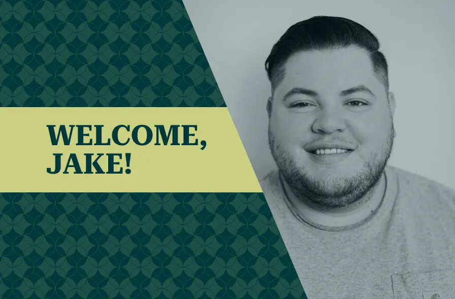 The image features a greeting, "WELCOME, JAKE!" in bold, uppercase text with a vibrant yellow background on the left side. A photo of a man smiling is on the right side of the image. The background behind the text and photo has a geometric pattern of overlapping circles in dark green and teal tones, giving the image a modern and welcoming design.