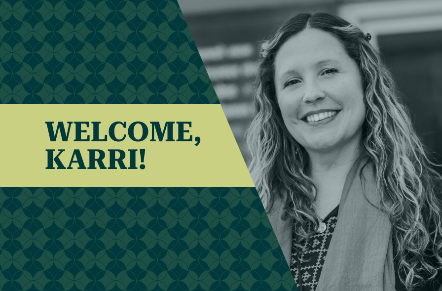 The image shows a banner with the text "WELCOME, KARRI!" prominently displayed in a bold, dark green font. Next to the text is a black-and-white photo of a smiling woman with curly hair, wearing a scarf. The background includes a patterned design in dark green and a light yellow rectangular section that holds the text.