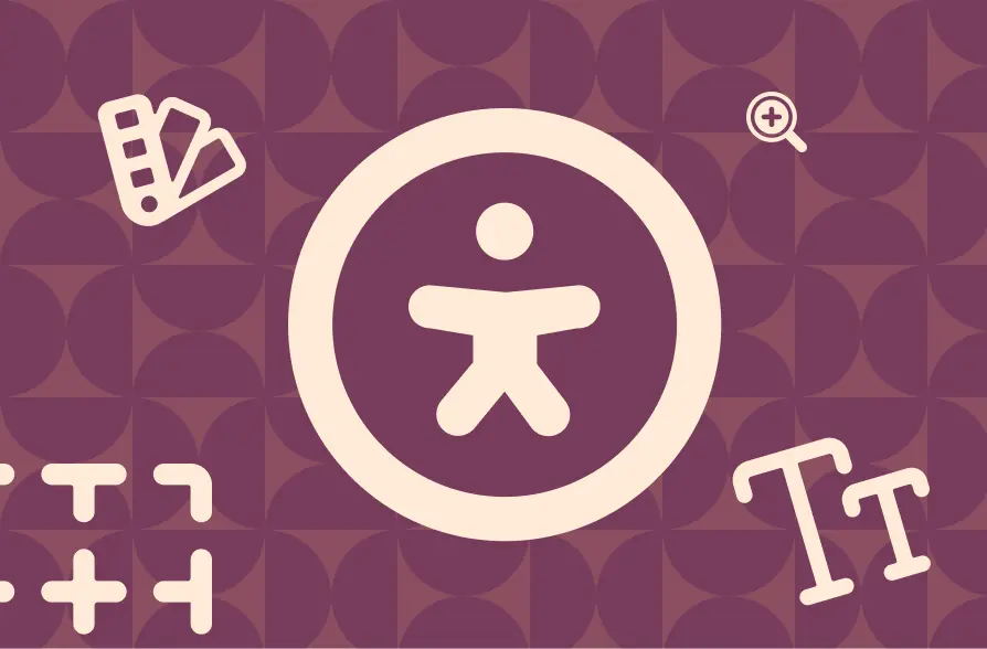 The image features an accessibility icon in the center, depicted as a simplified figure of a person within a circle. Surrounding the icon are various design elements, such as color swatches, a magnifying glass, and text symbols (such as "Tt"), symbolizing different aspects of web accessibility. The design aims to highlight the importance of accessibility features for websites, including text readability and visual customization options. The color scheme is primarily purple and beige, giving it a clean, professional feel.