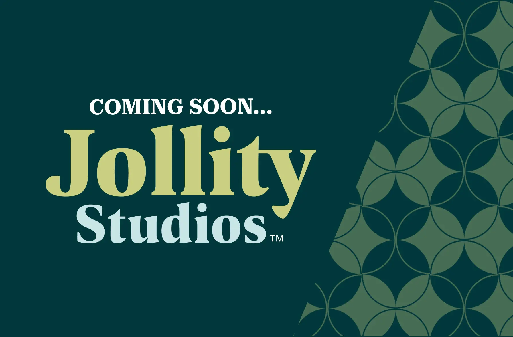 The image features the text "COMING SOON... Jollity Studios" in bold, large fonts. The text is set against a deep green background, with the "Jollity" part of the text in a soft yellow color, while "Studios" is in light blue. The design includes a subtle geometric pattern on the right side, adding a modern, sophisticated touch. The overall look conveys excitement and anticipation for the upcoming launch of Jollity Studios.