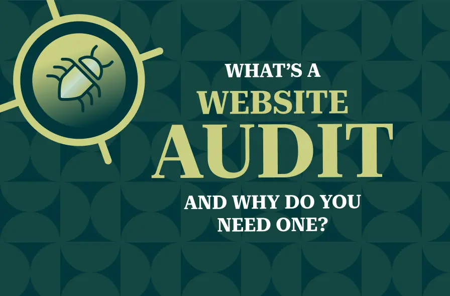 The image features a title graphic with the question "What's a Website Audit and Why Do You Need One?" The background consists of a geometric design with circular patterns in shades of green, and an icon of a magnifying glass with a bug inside it, symbolizing the idea of inspection or analysis. The bold, light-colored text stands out against the dark green background, emphasizing the focus on understanding website audits.