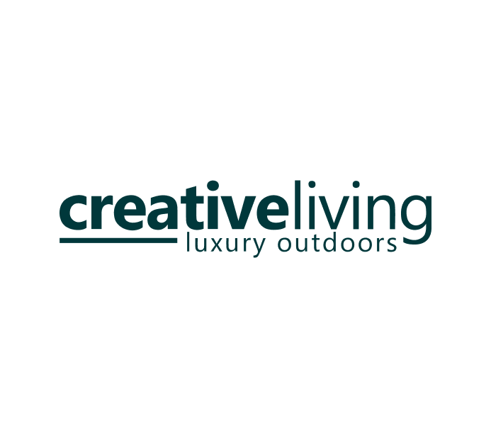 The image shows the logo of Creative Living, a company specializing in luxury outdoor living spaces. The logo features modern and sleek typography, with the words "creative living" in bold and lowercase, paired with "luxury outdoors" in a smaller, lighter font beneath it. The color palette is subtle yet elegant, focusing on deep green tones. This branding suggests a focus on high-end, customized outdoor living solutions.