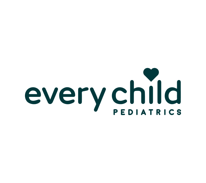 The image displays the logo for "Every Child Pediatrics." The logo features the words "every child" in lowercase, modern, and rounded typography, with a small heart symbol above the "i" in "child." The word "PEDIATRICS" is placed below in a smaller, uppercase font. The color of the logo is a dark teal.