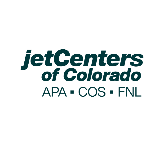 The image shows the logo for "jetCenters of Colorado," with the locations APA, COS, and FNL listed below. The logo uses a dark teal font, and the design is simple yet professional, conveying a sense of service and reliability for the aviation industry in Colorado.