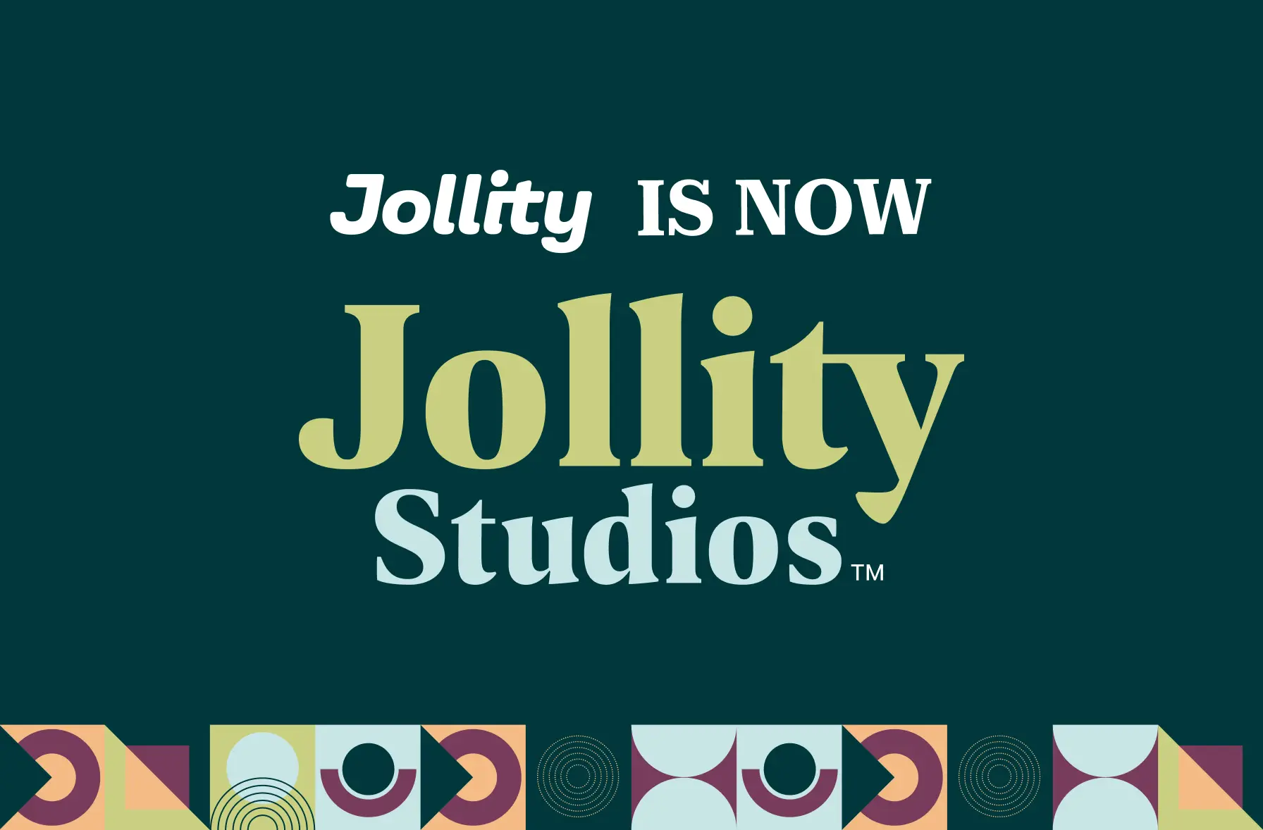 The image showcases a design announcing that "Jollity" has now become "Jollity Studios." The text "Jollity IS NOW Jollity Studios™" is prominently displayed in different font styles, emphasizing the rebrand. Below the text, there is a colorful geometric pattern featuring various shapes and colors, giving the image a modern and dynamic look.
