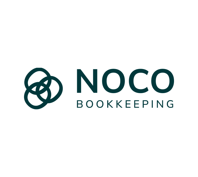 The image features the logo for "NOCO Bookkeeping," with the company name displayed in a modern, professional font. The "NOCO" portion is paired with a simple yet effective graphic of interconnected rings, emphasizing collaboration and unity. The overall design suggests clarity and organization, reflecting the company's bookkeeping services.