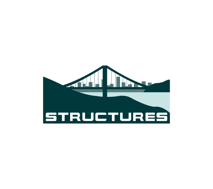 The image shows the logo of "Structures," featuring an abstract bridge design spanning across a mountain range and water. The logo uses a combination of geometric shapes to convey a strong and solid foundation, complemented by the word "STRUCTURES" in bold, modern lettering beneath the image. The bridge and natural elements suggest a focus on infrastructure, civil engineering, or construction projects.