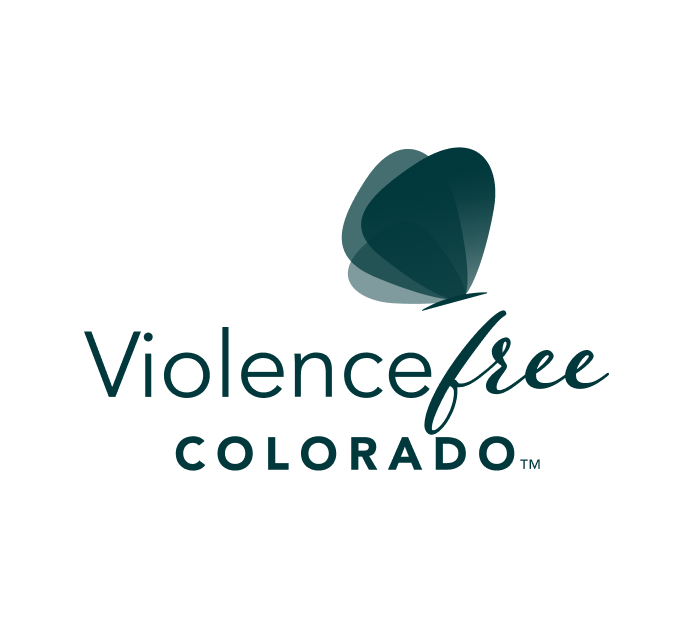 The image displays the logo for Violence Free Colorado, featuring a stylized icon of overlapping, abstract shapes that form a gentle, butterfly-like figure. The design represents transformation, growth, and change, aligning with the organization's mission to end violence and promote a safer environment. The logo uses a calming teal color, evoking trust and tranquility. The words "Violence Free" are prominently displayed, with "Colorado" in a bolder font beneath, reinforcing the organization’s focus on fostering a violence-free state.