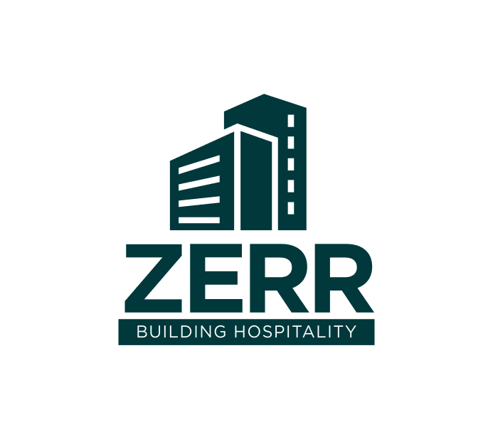 The image showcases the logo for "ZERR," a company focused on building hospitality. The logo features a stylized depiction of a modern high-rise building with the company name "ZERR" in bold letters below, accompanied by the tagline "BUILDING HOSPITALITY." The design conveys professionalism, strength, and the construction industry focus with an emphasis on hospitality.