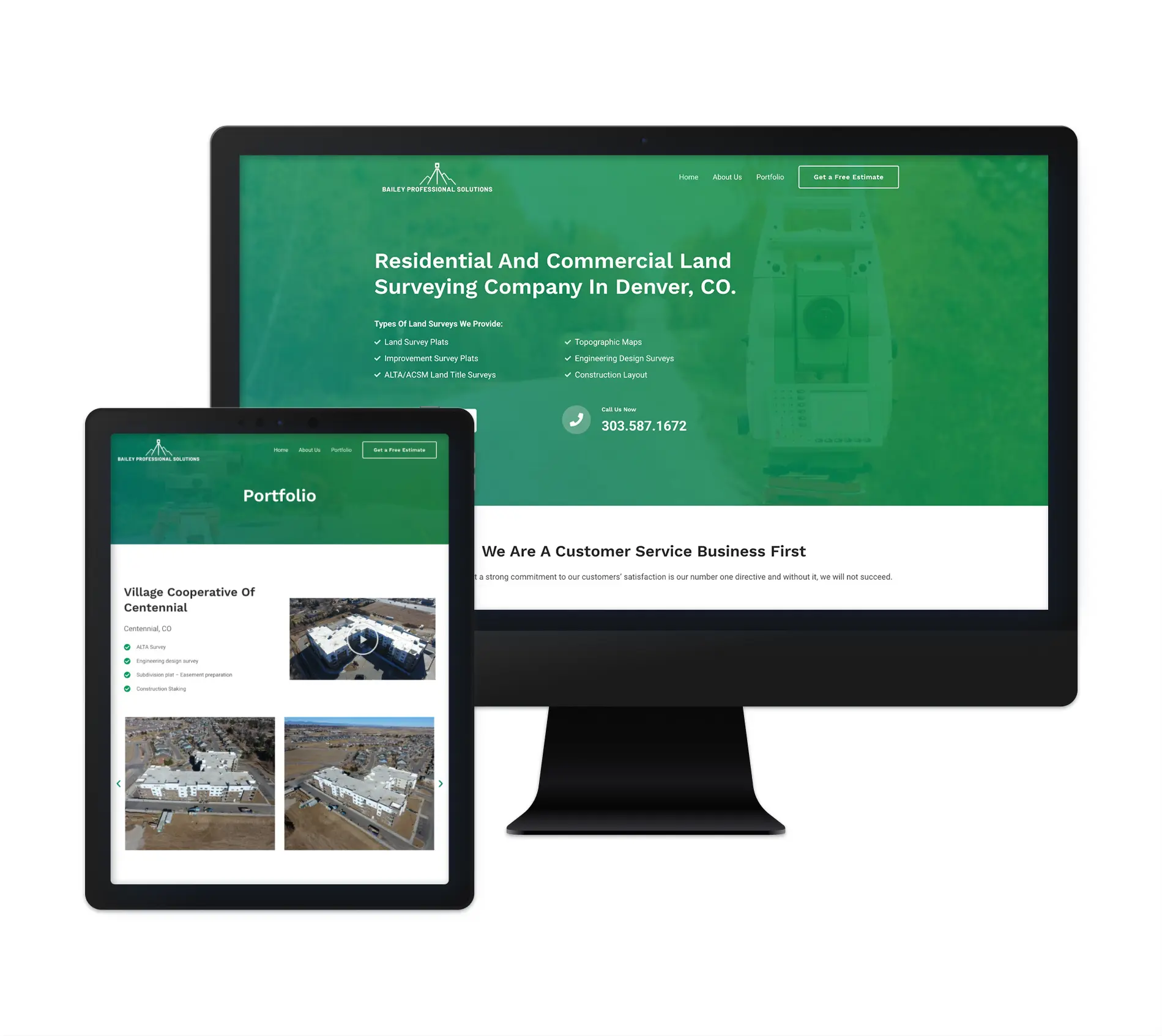 The image displays the website of Bailey Professional Solutions, a residential and commercial land surveying company in Denver, CO. The website is presented on both a desktop and a tablet screen, showcasing a clean and professional layout. Key features include an overview of the services provided, such as land surveys, topographic maps, and construction staking. The "Portfolio" section highlights projects such as the Village Cooperative of Centennial with images. A prominent call-to-action encourages visitors to get a free estimate, with contact information displayed. The website emphasizes customer service and high-quality surveying solutions.