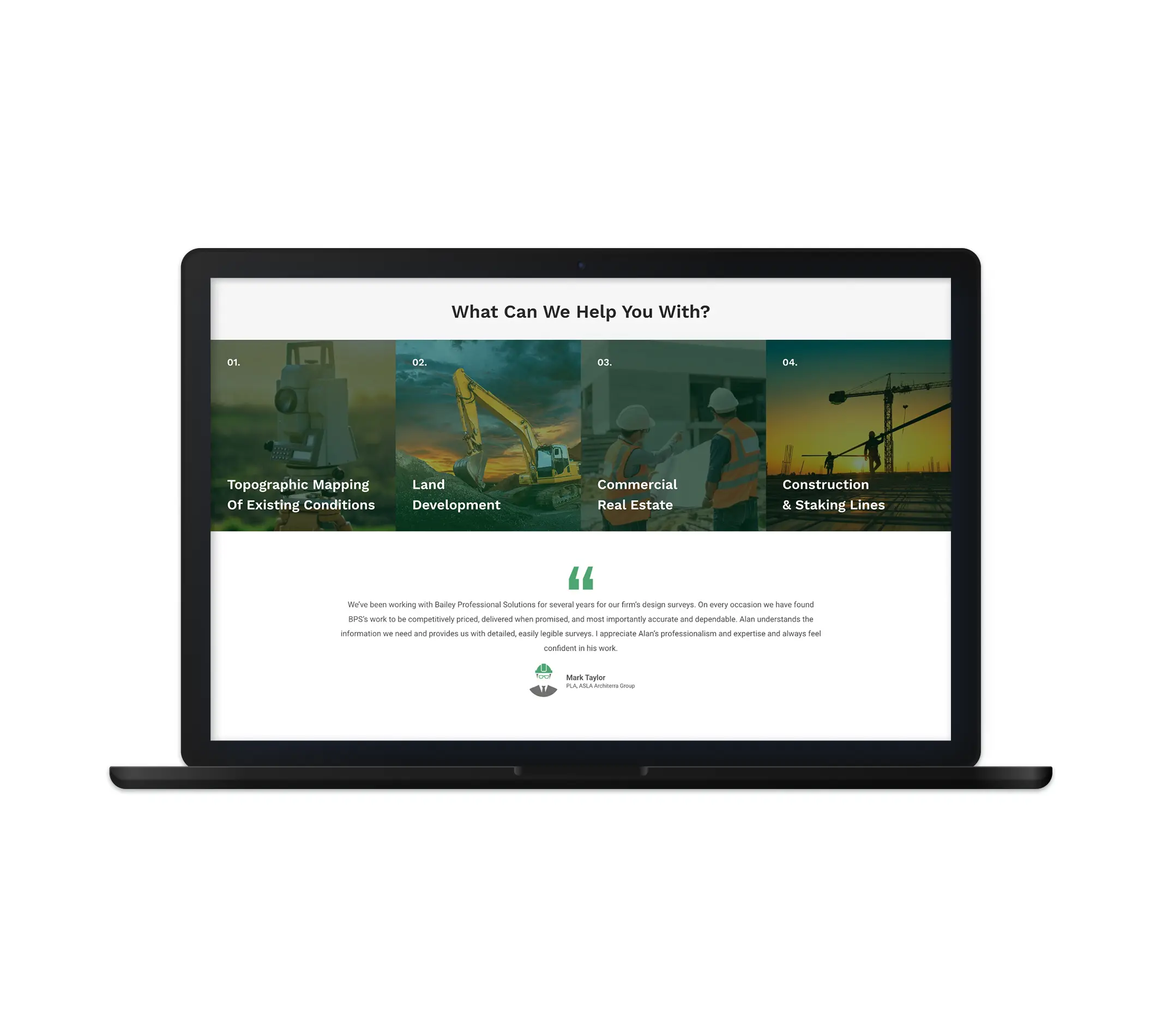 The image shows a webpage for Bailey Professional Solutions featuring four services: Topographic Mapping of Existing Conditions, Land Development, Commercial Real Estate, and Construction & Staking Lines, with a testimonial from Mark Taylor praising the accuracy, reliability, and professionalism of their work.