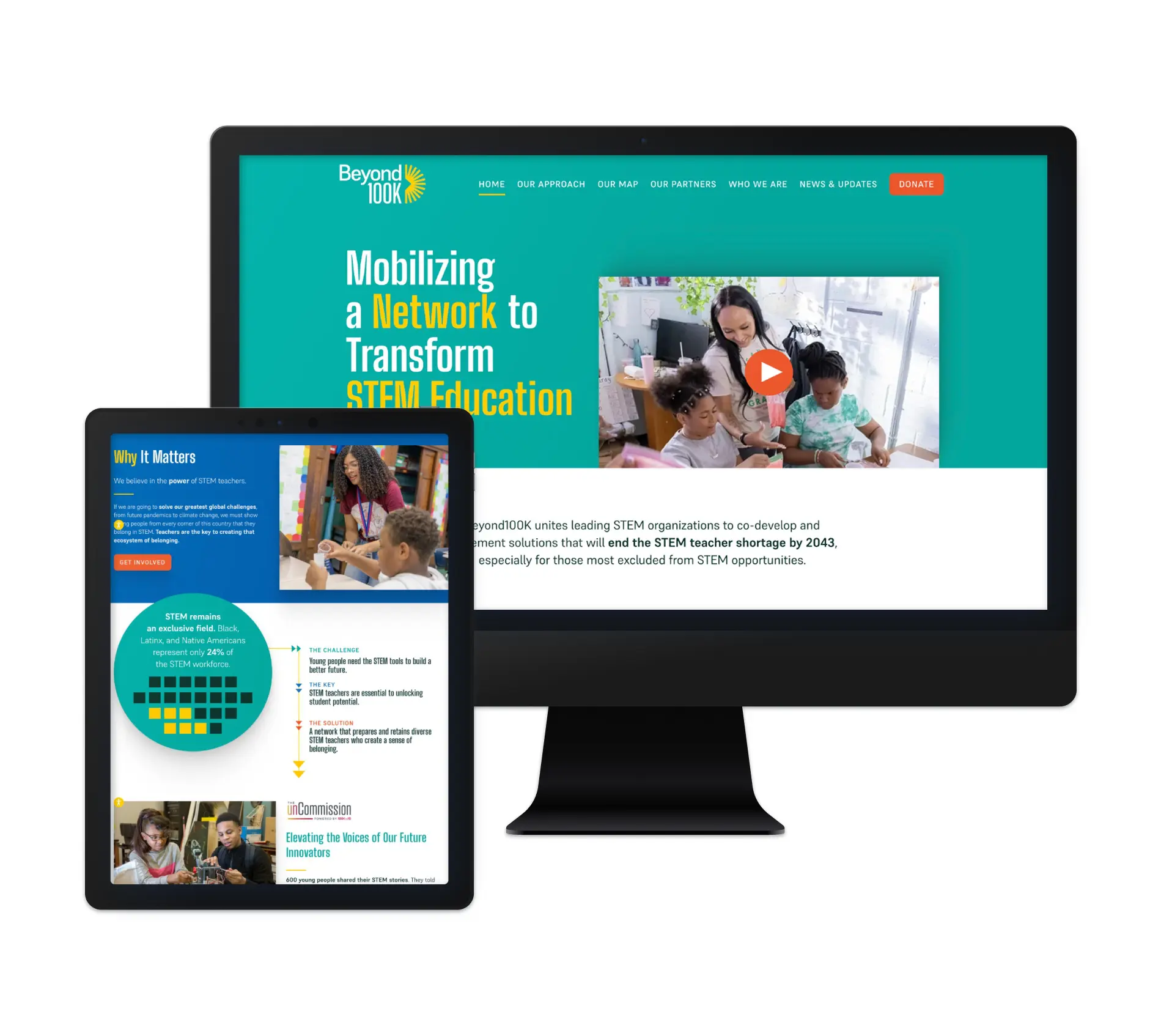 The image showcases the website for Beyond100K displayed on both a desktop and a tablet. The desktop screen features the homepage with a vibrant teal background and a prominent video that introduces their mission of mobilizing a network to transform STEM education. The tablet screen displays the "Why It Matters" section, highlighting the importance of STEM education and its role in addressing the STEM teacher shortage by 2043. Both screens emphasize the organization's commitment to supporting underrepresented communities in STEM opportunities.