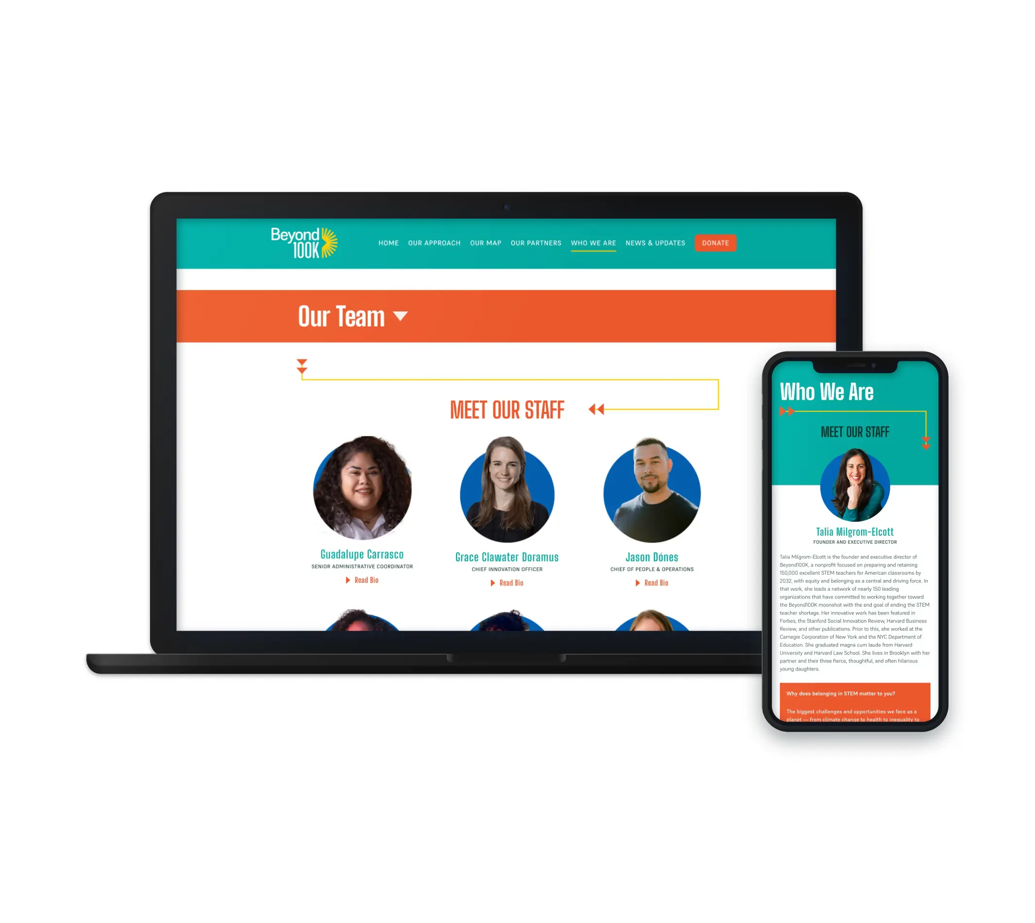 The image showcases the "Meet Our Staff" page from the Beyond 100K website on a laptop and smartphone. The page displays circular profile images of staff members, including Guadalupe Carrasco, Grace Clearwater Doramus, and Jason Oines. Below each image, the staff members' names and titles are listed, with an option to read more about each individual. The vibrant design features teal and orange sections, creating a welcoming and visually engaging layout.
