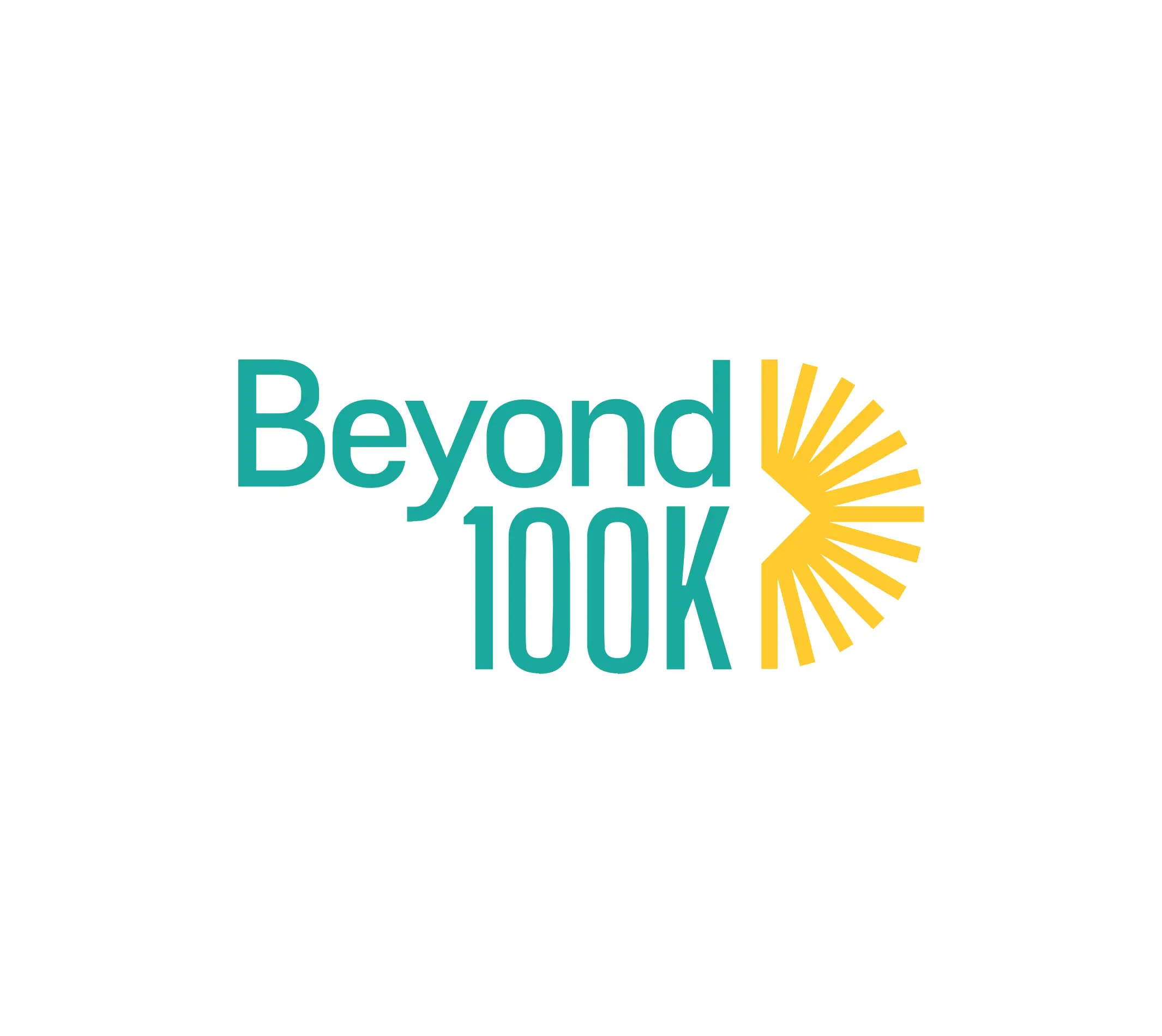 The image shows the logo of "Beyond 100K." The logo features the words "Beyond 100K" in teal, with a dynamic yellow sunburst graphic to the right of the text. The sunburst design represents growth and forward movement, complementing the organization's name.