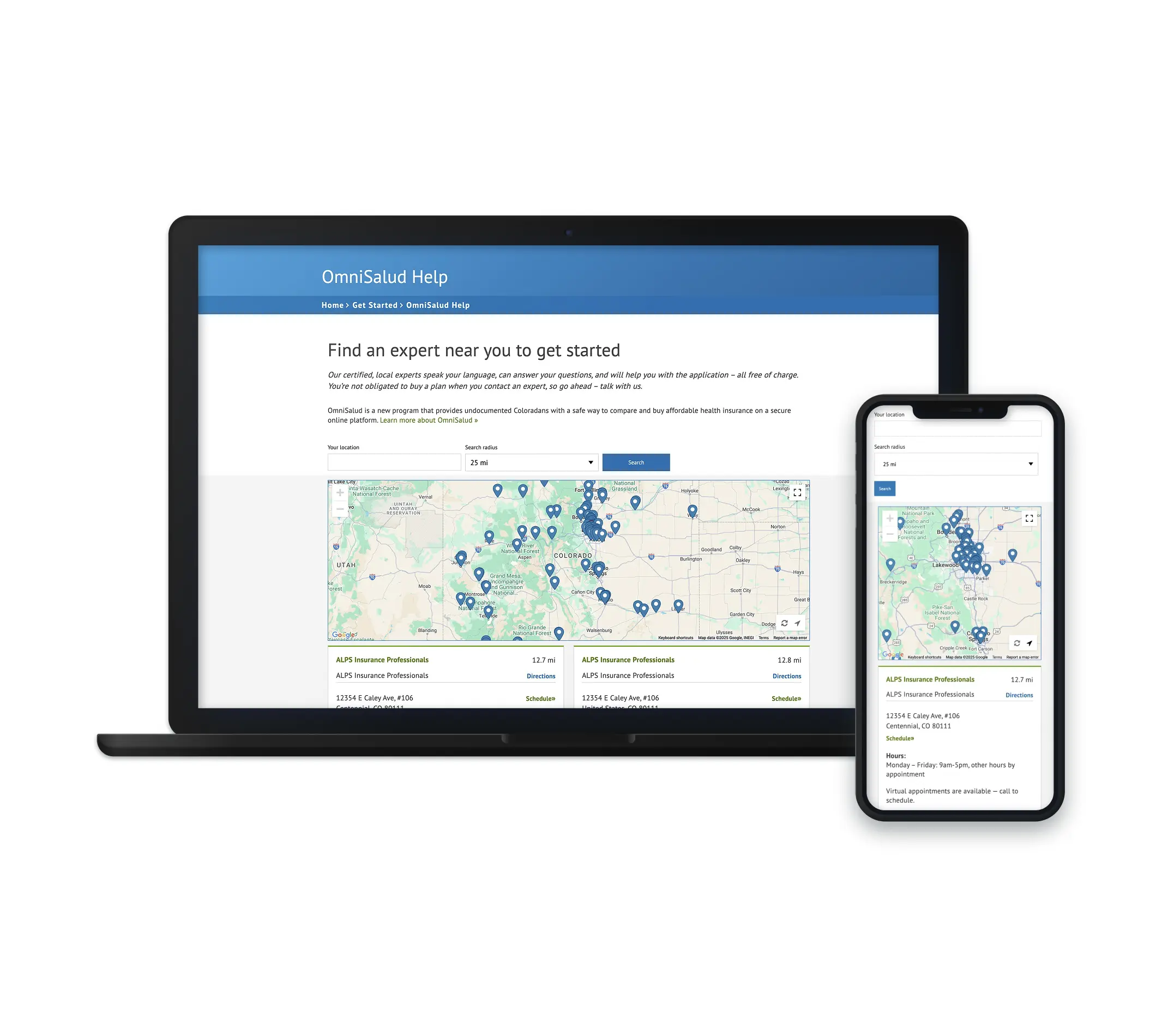The image showcases a responsive website for "OmniSalud Help," displayed on both a laptop and mobile phone. The website allows users to search for health insurance experts nearby, with a map showing various locations of professionals. The page includes a search bar for users to enter their location and select a radius to find experts, alongside a list of insurance professionals with their contact details, distance, and scheduling options. The design emphasizes accessibility, allowing users to find expert assistance for health insurance easily.