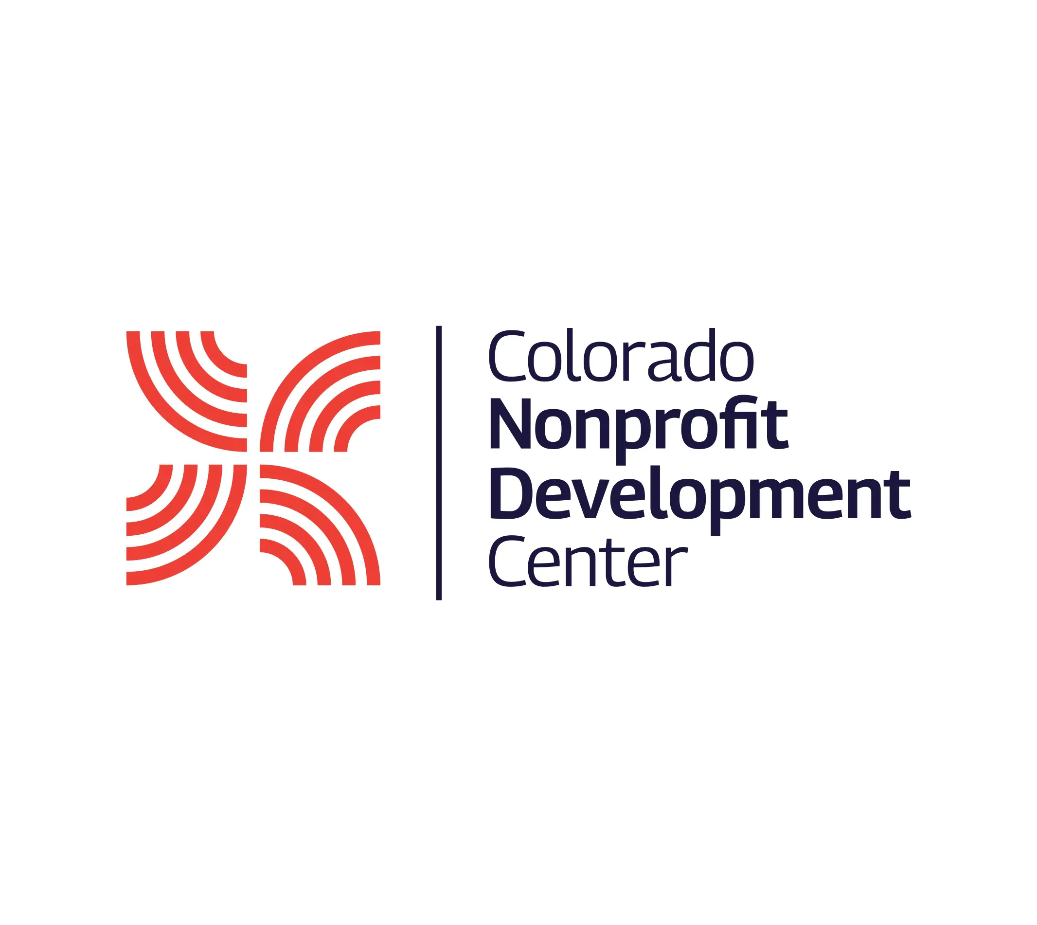 The image displays the logo of the Colorado Nonprofit Development Center (CNDC). It features a red abstract symbol made of curved lines, which is placed next to the text "Colorado Nonprofit Development Center" in dark blue. The design is clean, modern, and professional.