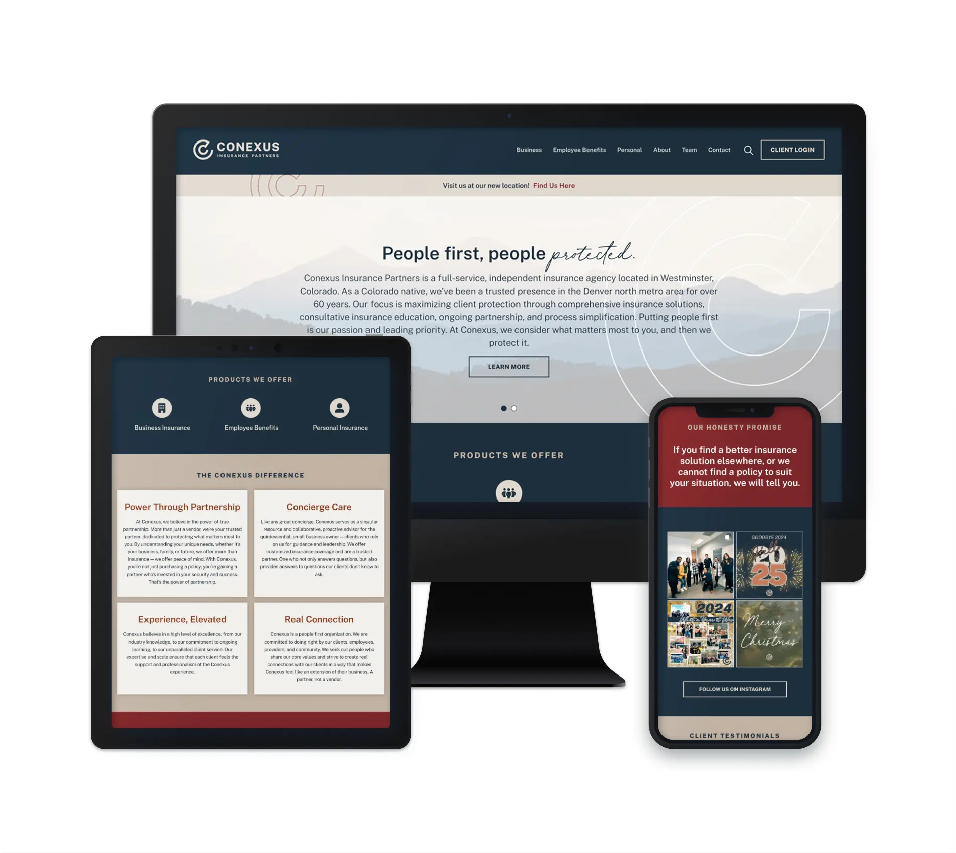 The image showcases a website design for Conexus Insurance Partners. The website is displayed across multiple devices, including a desktop, tablet, and mobile phone. The homepage prominently features a tagline "People first, people protected," highlighting the company's focus on customer-centric insurance services. It presents an easy-to-navigate interface with sections about the products offered—business, employee benefits, and personal insurance—and a section detailing The Conexus Difference. The website design reflects the company’s professional yet approachable nature, with visuals emphasizing trust and customer care.