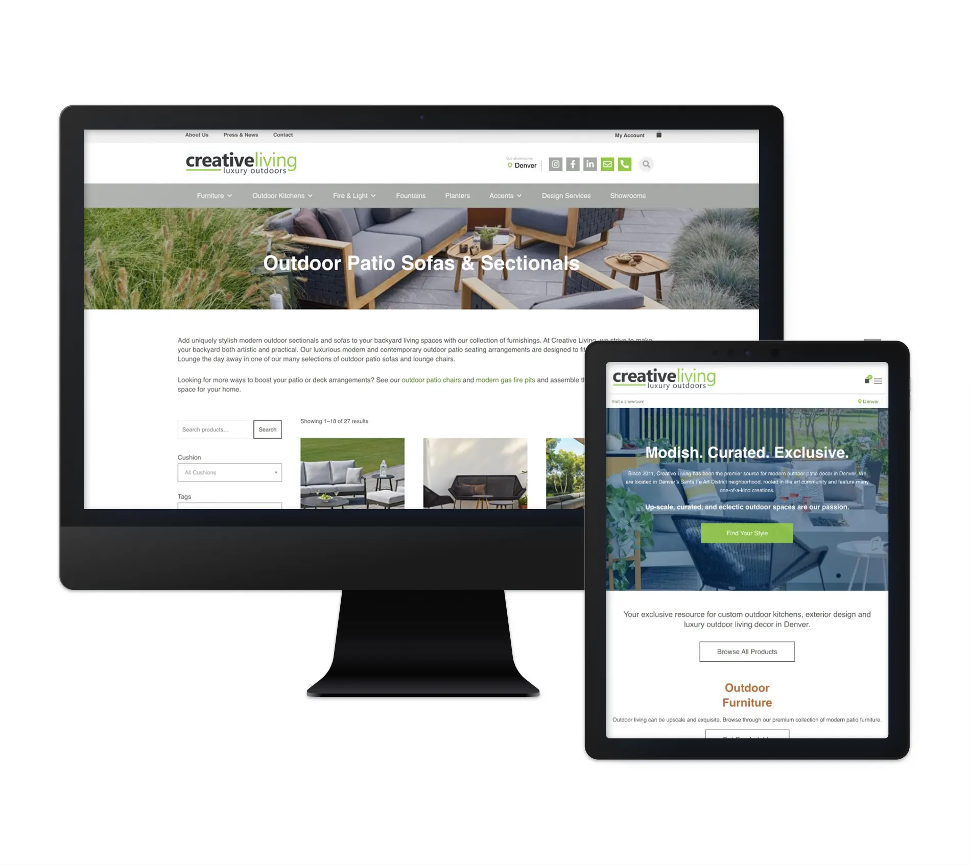 The image shows a website layout for Creative Living, specializing in luxury outdoor furniture and design. The site is displayed on both a desktop and tablet, showcasing an e-commerce platform that features stylish outdoor patio sofas and sectionals. The clean design and high-quality visuals highlight the modern and curated offerings available. The homepage includes easy-to-use navigation and product categories such as furniture, fountains, and accessories, with a focus on premium, exclusive products for outdoor living.