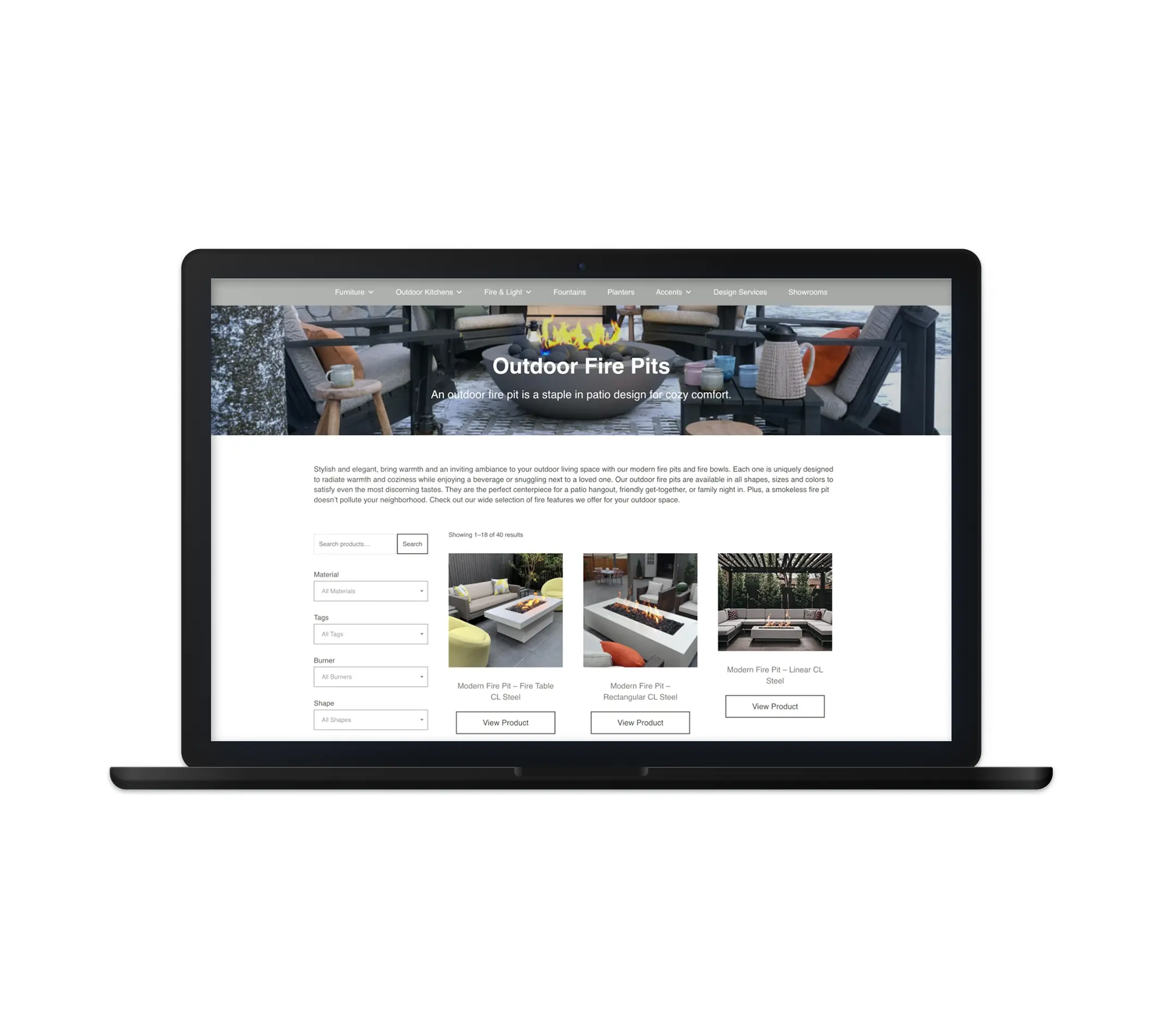 The image shows a website page showcasing a selection of outdoor fire pits. The page highlights modern fire pit designs and their features, including a "Modern Fire Pit - Fire Table CL Steel," "Modern Fire Pit - Rectangular CL Steel," and "Modern Fire Pit - Linear CL Steel." The site includes filters for material, tags, burner type, and shape, allowing users to search and explore different fire pit options for their outdoor spaces. The fire pits are designed to provide warmth and style for patios, with a focus on safety and ease of use.