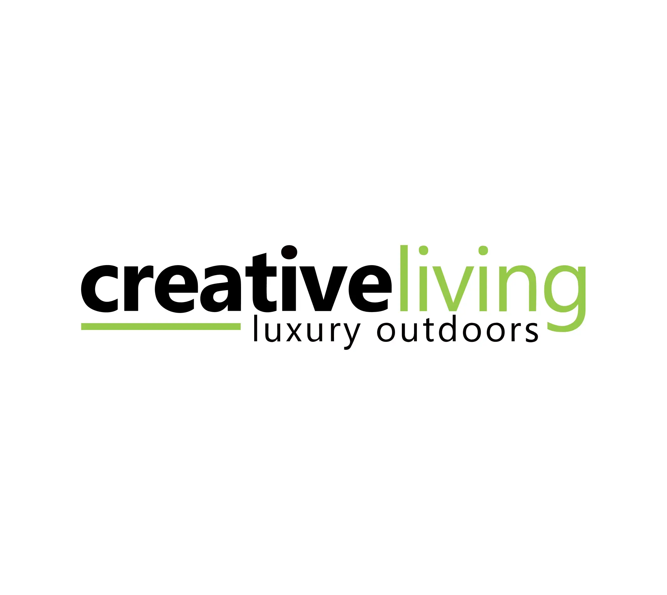 The image displays the logo of Creative Living, a company specializing in luxury outdoor products. The logo features the words "creative living" in a modern, clean font with "luxury outdoors" placed underneath. The text "creative" is in black, while "living" and "luxury outdoors" are in green, emphasizing the brand's focus on upscale outdoor living spaces.