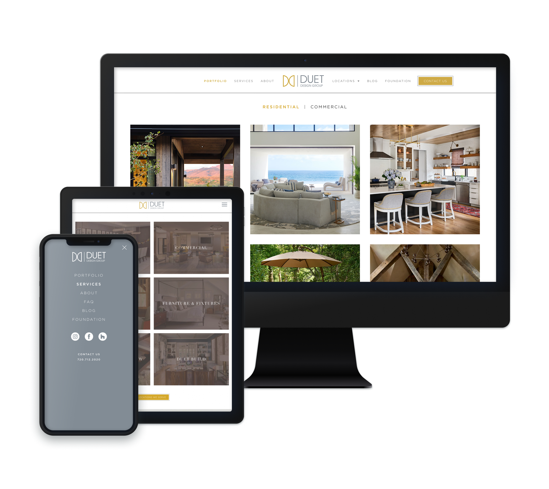 The image showcases the website of Duet Design Group on multiple devices: a desktop monitor, a tablet, and a smartphone. The website features a clean, modern design with a portfolio of residential and commercial spaces. The layout includes images of beautifully designed interiors, such as living rooms, kitchens, and outdoor spaces. The top navigation bar includes links to sections like Portfolio, Services, About, and Contact Us, while social media icons are displayed on the mobile and tablet versions. The color scheme is elegant, using black, gold, and white accents.