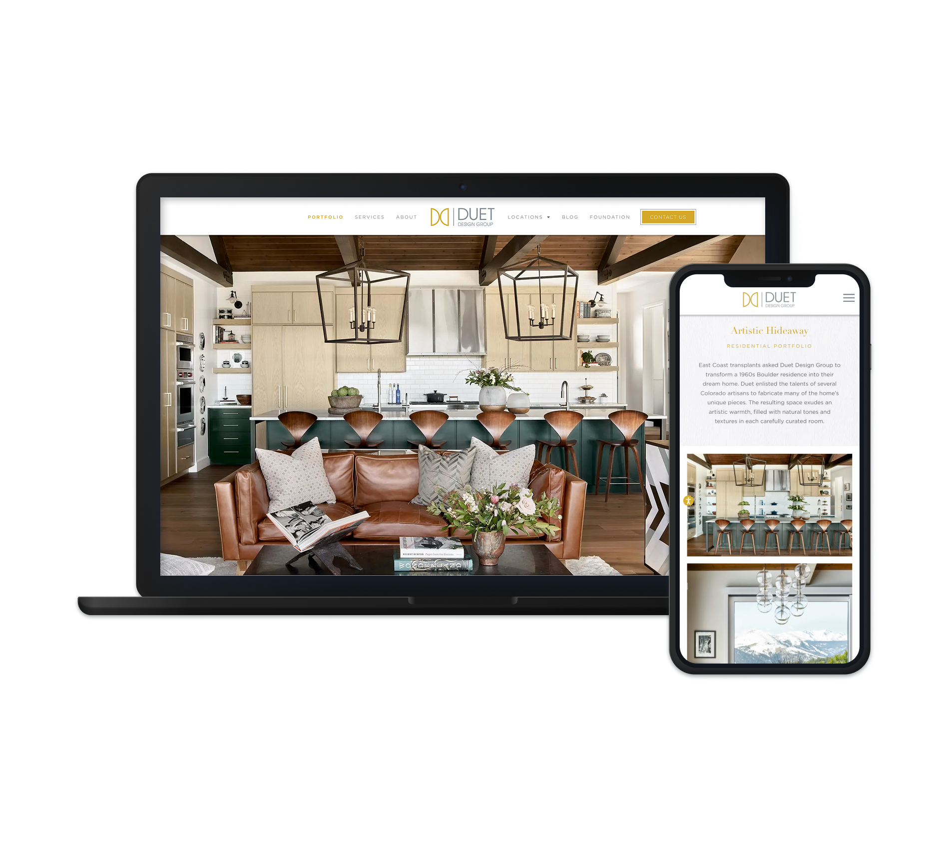 The image displays a website layout for Duet Design Group, featuring a beautifully styled dining area. On the laptop screen, the design showcases a clean and elegant webpage with a focus on interior design projects. The design highlights a large, polished dining table surrounded by modern, patterned chairs and lush greenery, reflecting the sophisticated style of Duet Design Group's work. On the mobile screen, the site offers a close-up view of another project, emphasizing residential interior design, with a focus on luxurious and contemporary details. The website design is sleek and user-friendly, reflecting the high-end, professional brand identity of Duet Design Group.