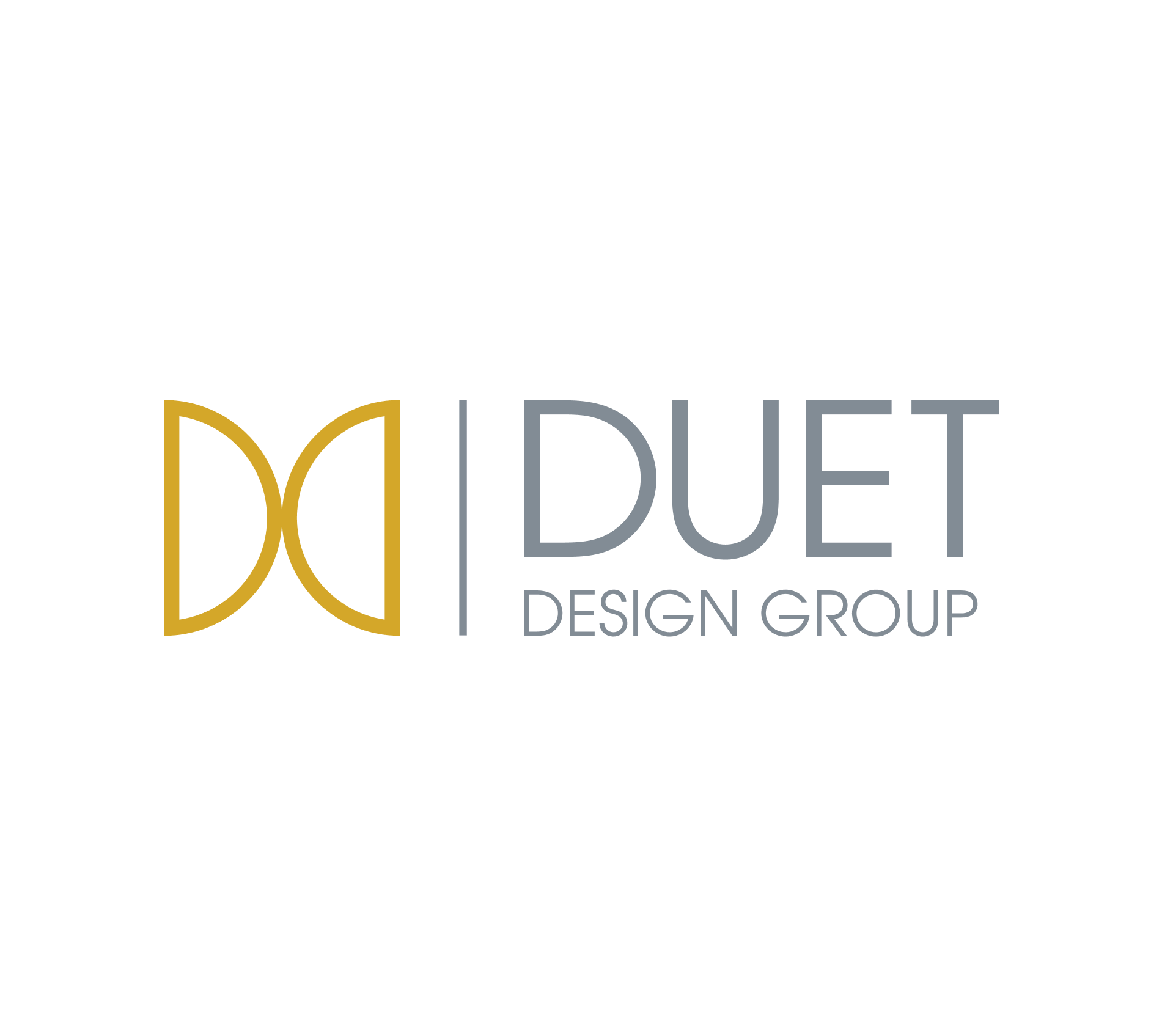 The image displays the logo of Duet Design Group. The logo features two overlapping shapes that resemble the letters "D" and "D," in a golden color, followed by the text "DUET DESIGN GROUP" in a sleek, modern grey font. The design is minimalistic and elegant, emphasizing the sophisticated nature of the design firm.