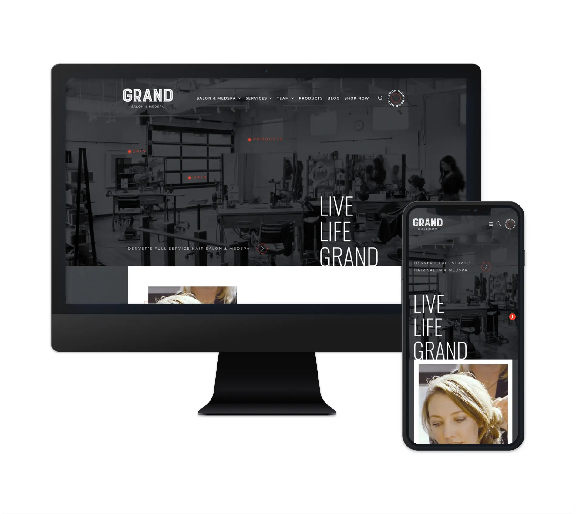 The image displays the website for Grand Salon & MedSpa on a desktop and mobile device. The homepage is styled with a sleek, modern layout, featuring an industrial background of the salon space with the bold text "LIVE LIFE GRAND" prominently displayed. The navigation bar includes options for services, team, products, and more, emphasizing the salon's full-service offerings. The design exudes a professional yet inviting atmosphere.