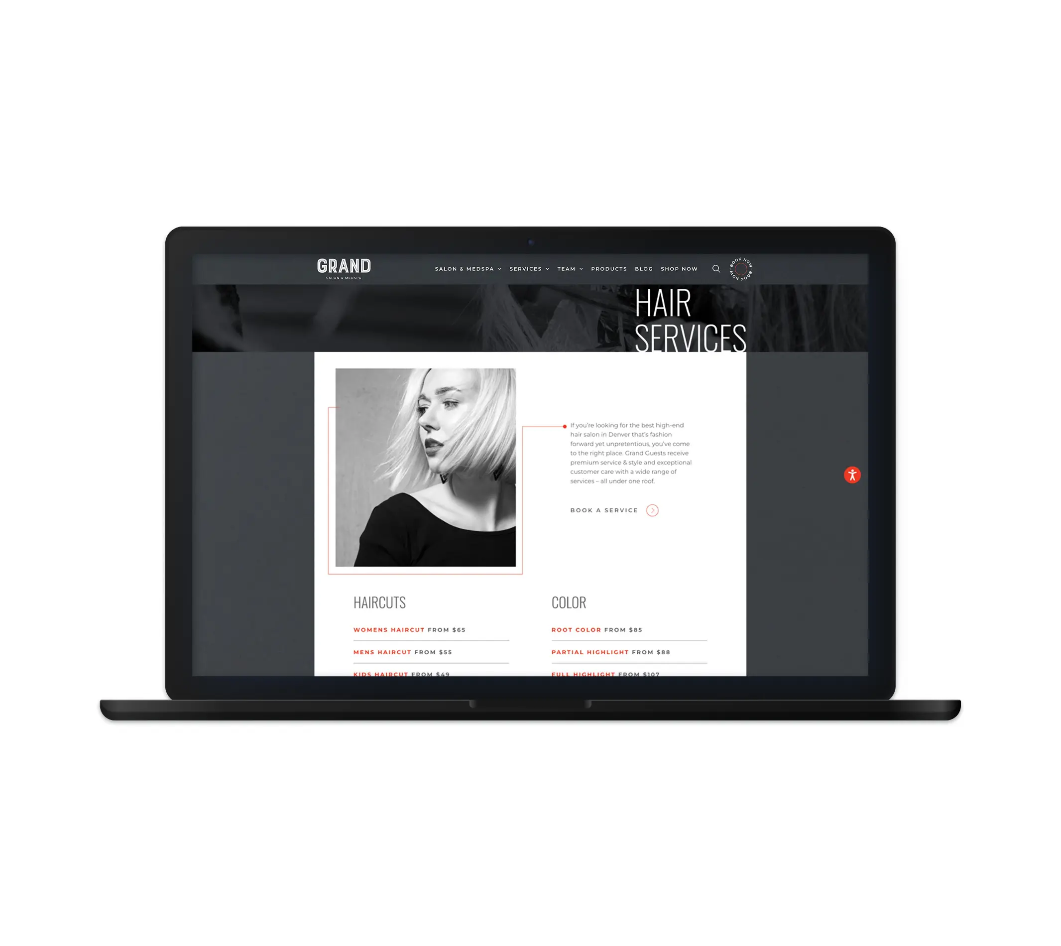 The image showcases a laptop screen displaying the "Hair Services" page from the Grand Salon & Medspa website. The page features an elegant and modern design with a stylish black-and-white photo of a woman with short, light-colored hair. Below the photo, there is a list of hair services offered, including haircuts, color services, and pricing details. The design emphasizes clarity and ease of navigation, with a "Book a Service" button prominently placed.
