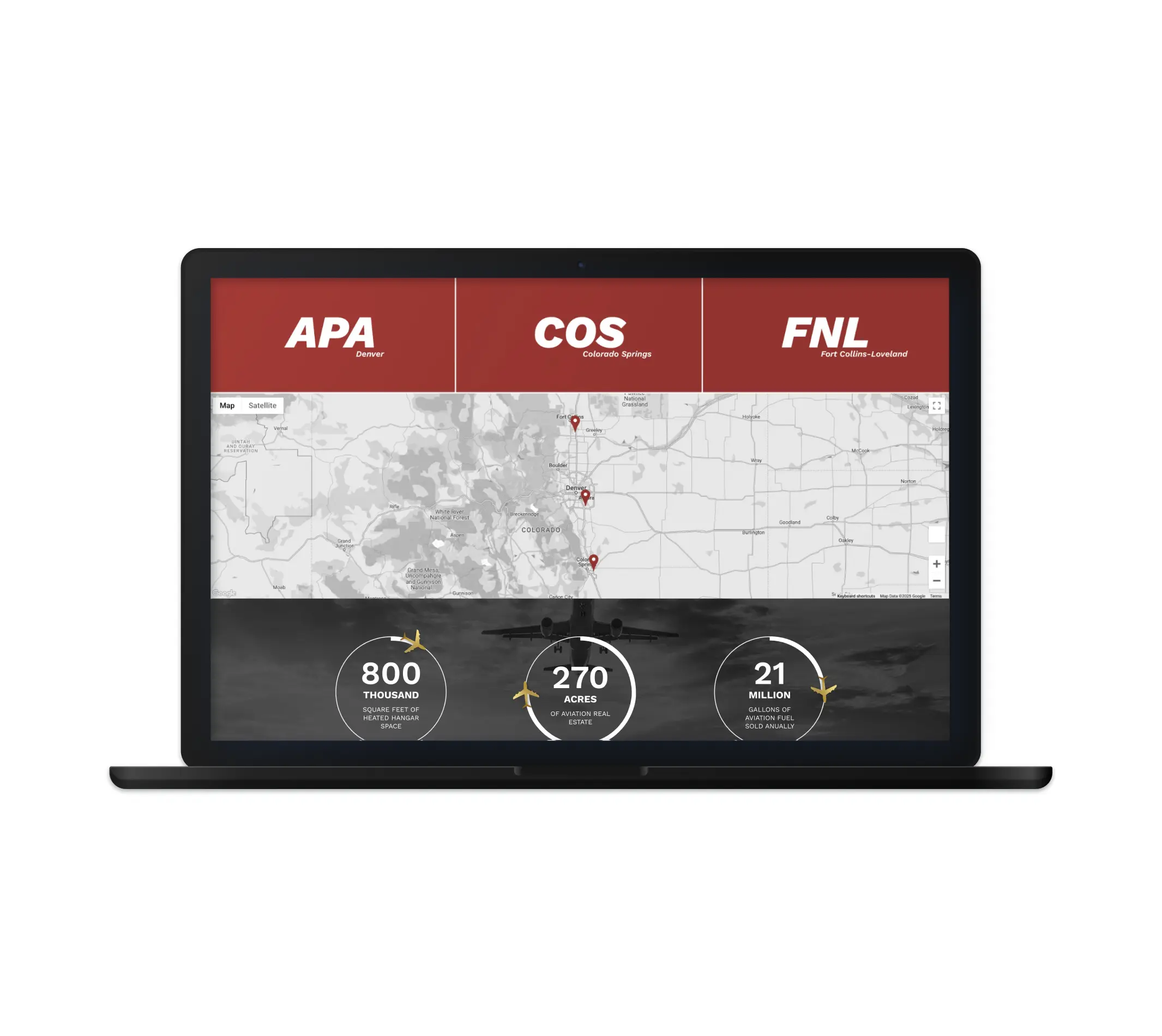 The image shows a map on a laptop screen with three highlighted areas, corresponding to the airport codes APA (Centennial Airport), COS (Colorado Springs Airport), and FNL (Fort Collins-Loveland Airport). Below each airport code, there are key statistics such as "800 Thrust Reversers," "270 Aircraft Parking Spots," and "21 Million Gallons of Fuel Sold."