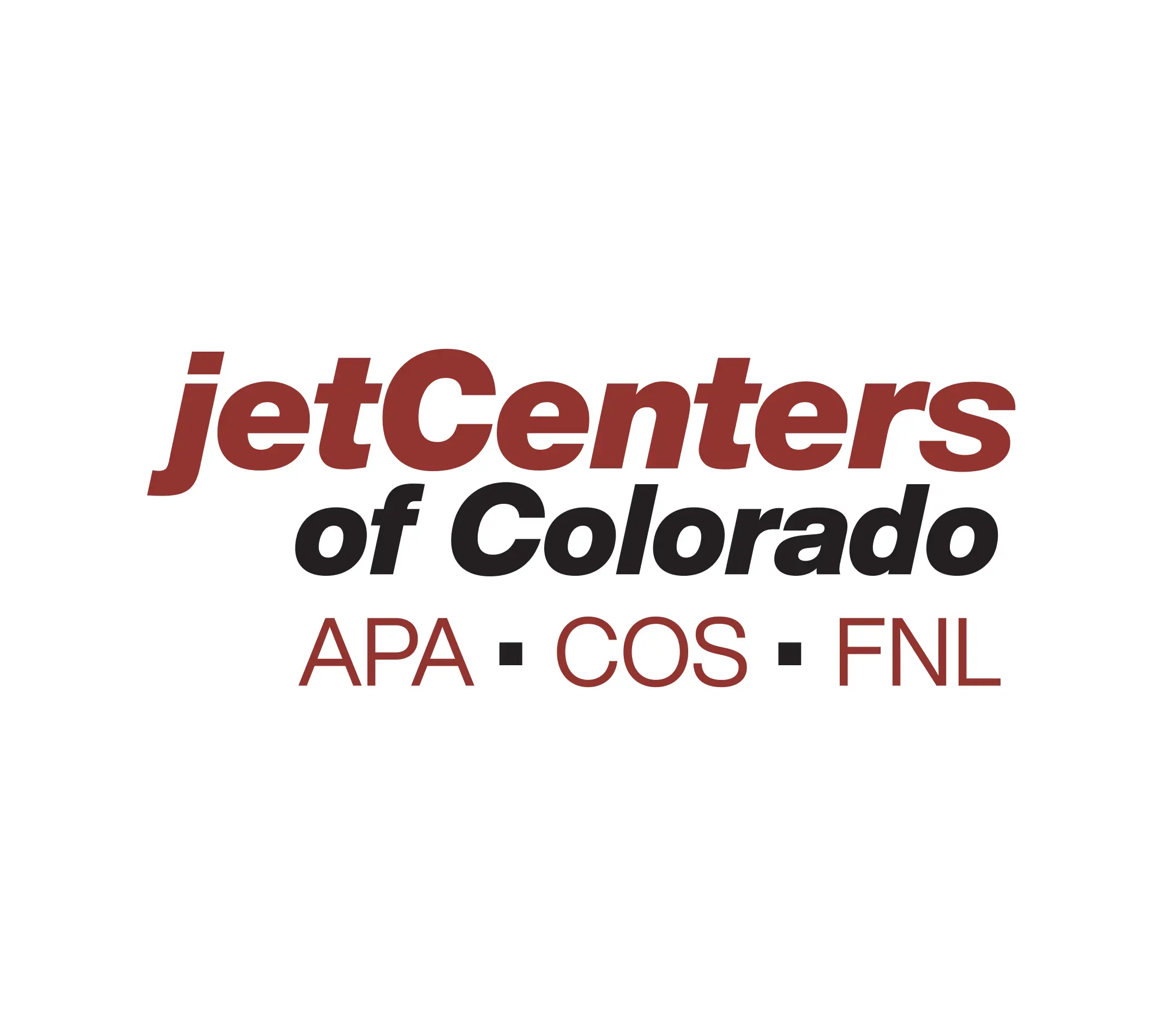 The image shows the logo of jetCenters of Colorado, with the name in bold red and black text. Below the name, there are three airport codes: APA (Centennial Airport), COS (Colorado Springs Airport), and FNL (Fort Collins-Loveland Airport).