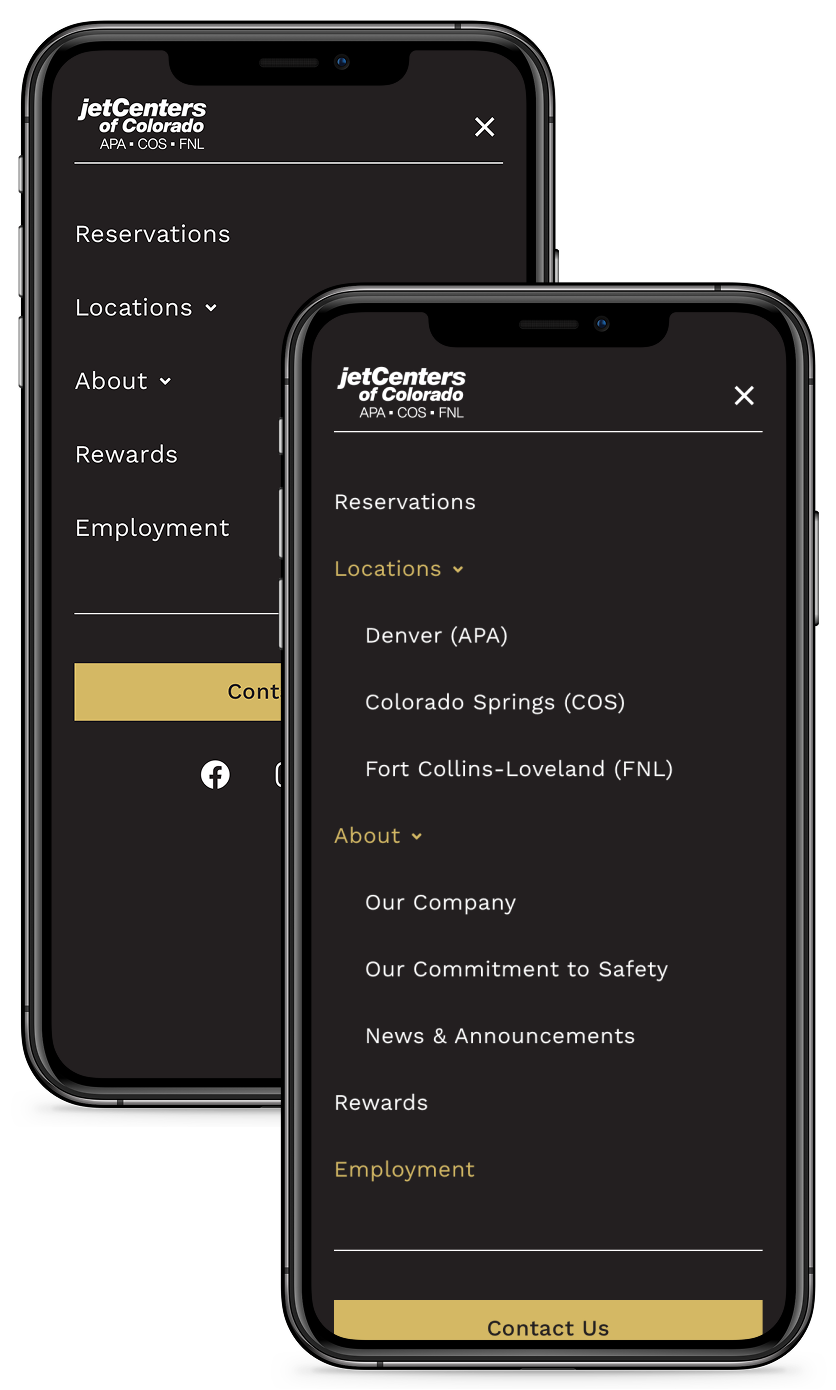 The image shows two smartphones displaying the mobile navigation menu for "jetCenters of Colorado." The menu includes options like "Reservations," "Locations" (with three locations listed: Denver APA, Colorado Springs COS, and Fort Collins-Loveland FNL), "About," "Rewards," and "Employment." The "Contact Us" button is prominently featured at the bottom, with social media links below. The interface uses a dark background with gold accents for a sleek and professional appearance.