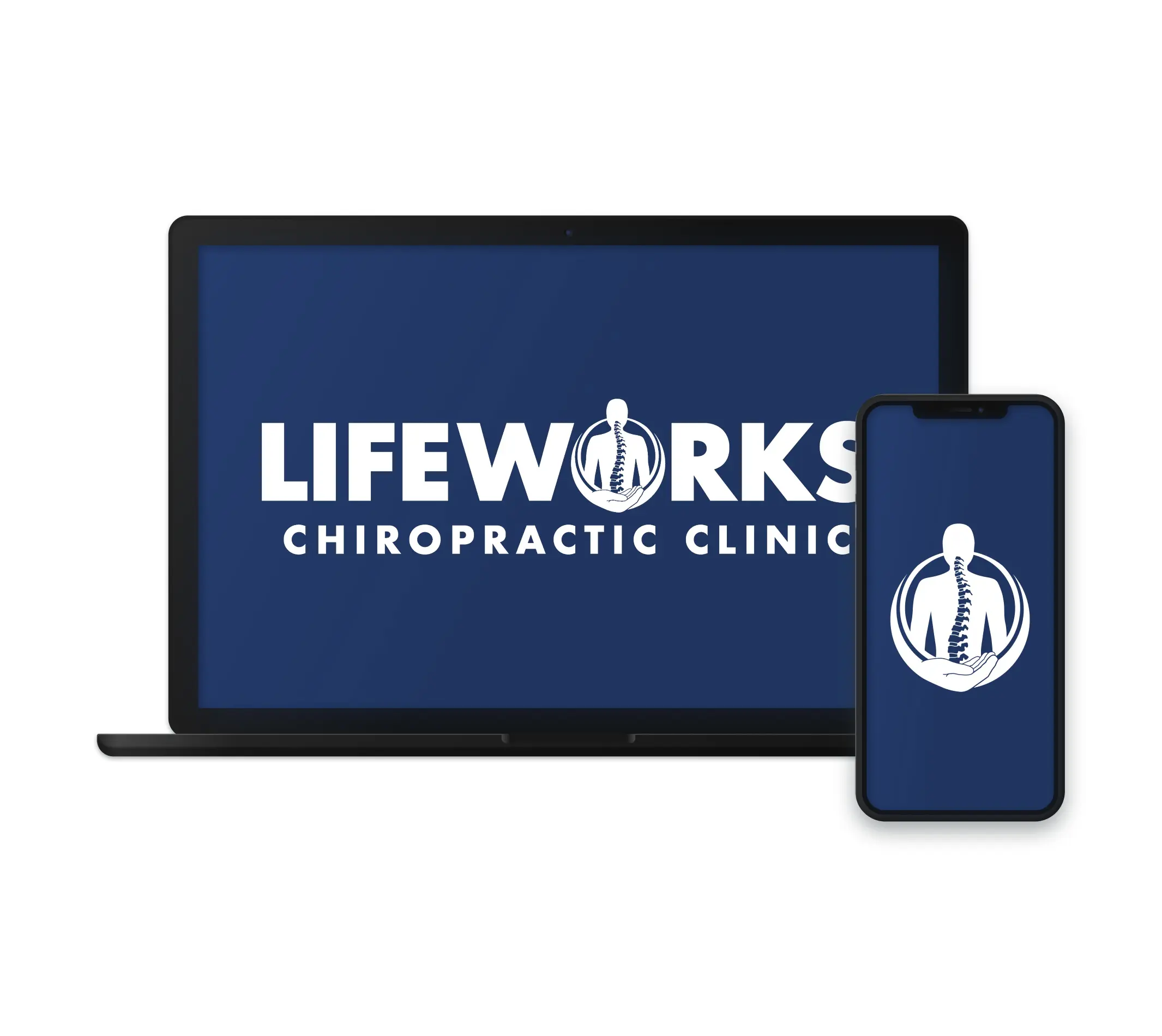 The image showcases the "Lifeworks Chiropractic Clinic" logo displayed on a laptop and a smartphone. The logo features a stylized image of a human spine inside a circular design, with the brand name "Lifeworks" in bold, capital letters, followed by "Chiropractic Clinic" in a smaller font. The design has a clean and professional look with a navy blue background and white text and logo.