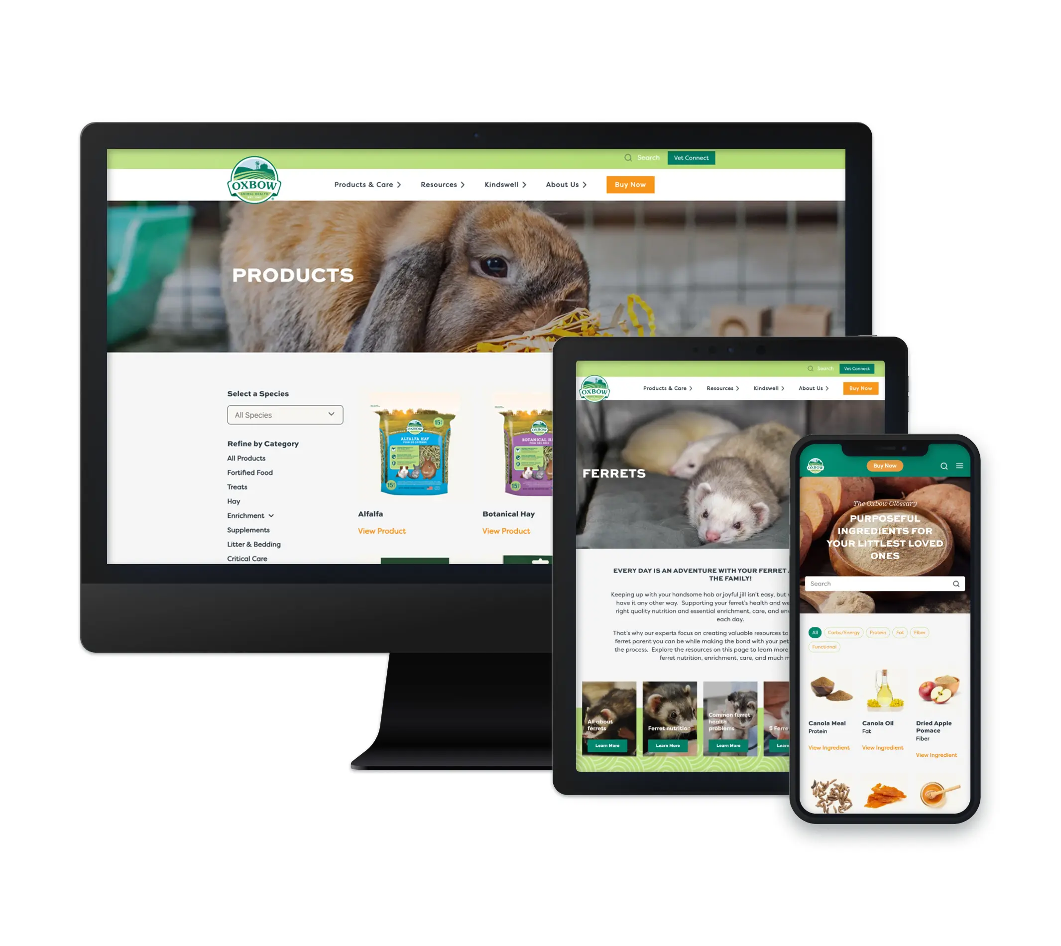 The image displays the Oxbow Animal Health website shown across three devices: a desktop, a tablet, and a mobile phone. The website showcases various pet products, with a focus on food, hay, and supplements for small animals such as rabbits and ferrets. The homepage highlights product categories and a featured section about ferret care. The website features an easy navigation system, with options to shop, search, and filter by species or product category. The design is vibrant with green accents, aligning with the brand's focus on animal health and well-being.