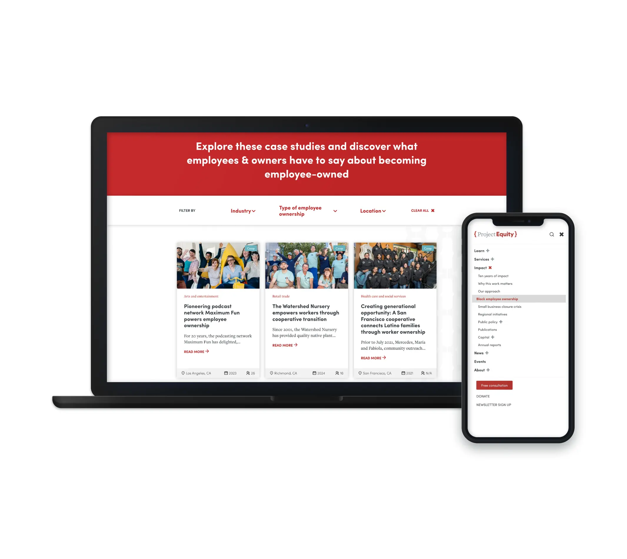 The image displays a website for Project Equity showcasing case studies related to employee ownership. On both the laptop and mobile screens, users can explore different case studies by filtering based on industry, type of employee ownership, and location. Examples of case studies featured include businesses in industries such as arts and entertainment, retail trade, and healthcare services, highlighting how employee ownership positively impacted each company. The interface is user-friendly with red and white design elements, including filter options at the top.