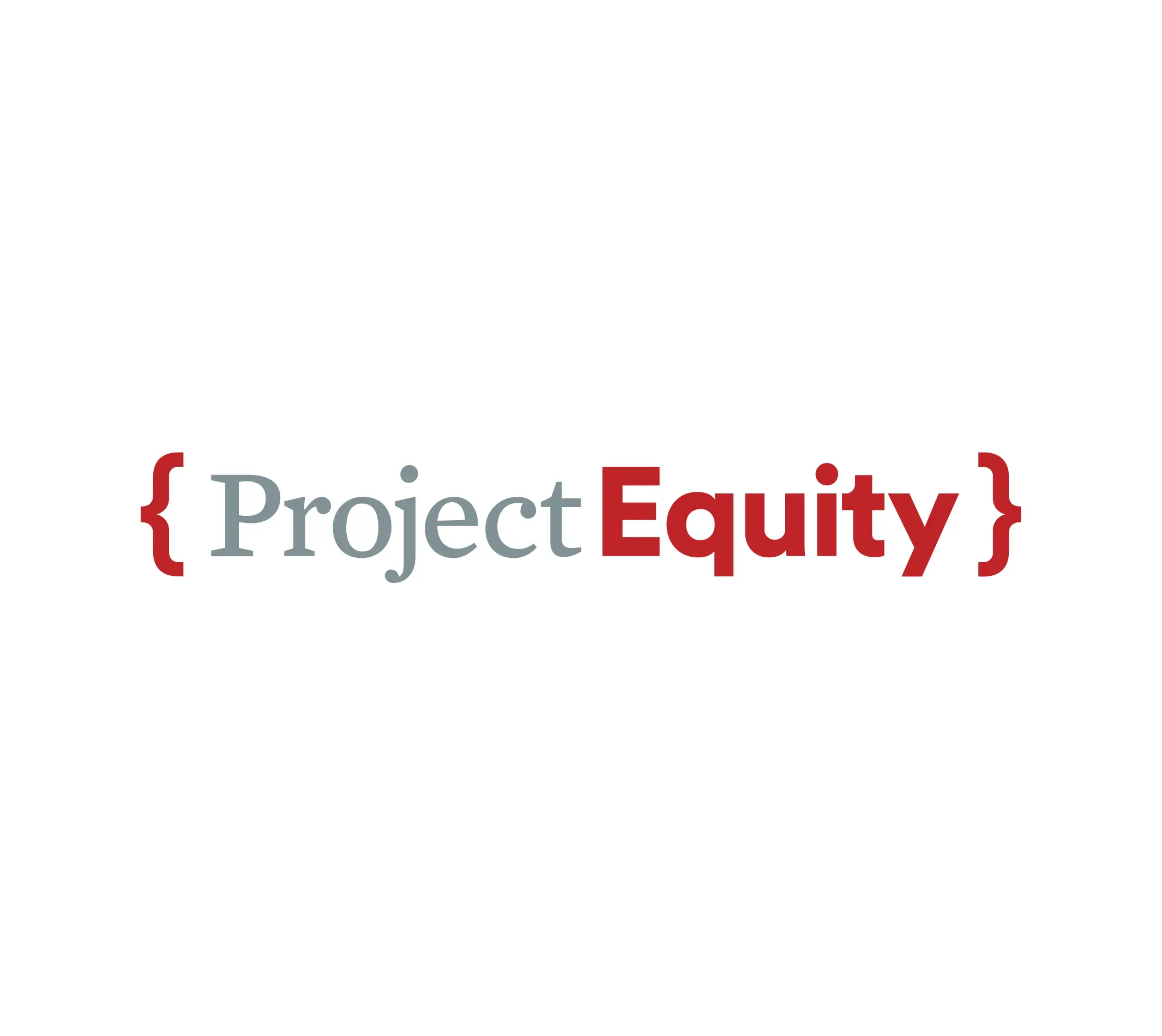 The image shows the logo for Project Equity, with the word "Project" in a light grey font and "Equity" in a bold red font. The logo is framed by curly braces on both sides, giving it a distinctive and modern look. The overall design emphasizes the theme of equitable ownership and community-focused business transformation.