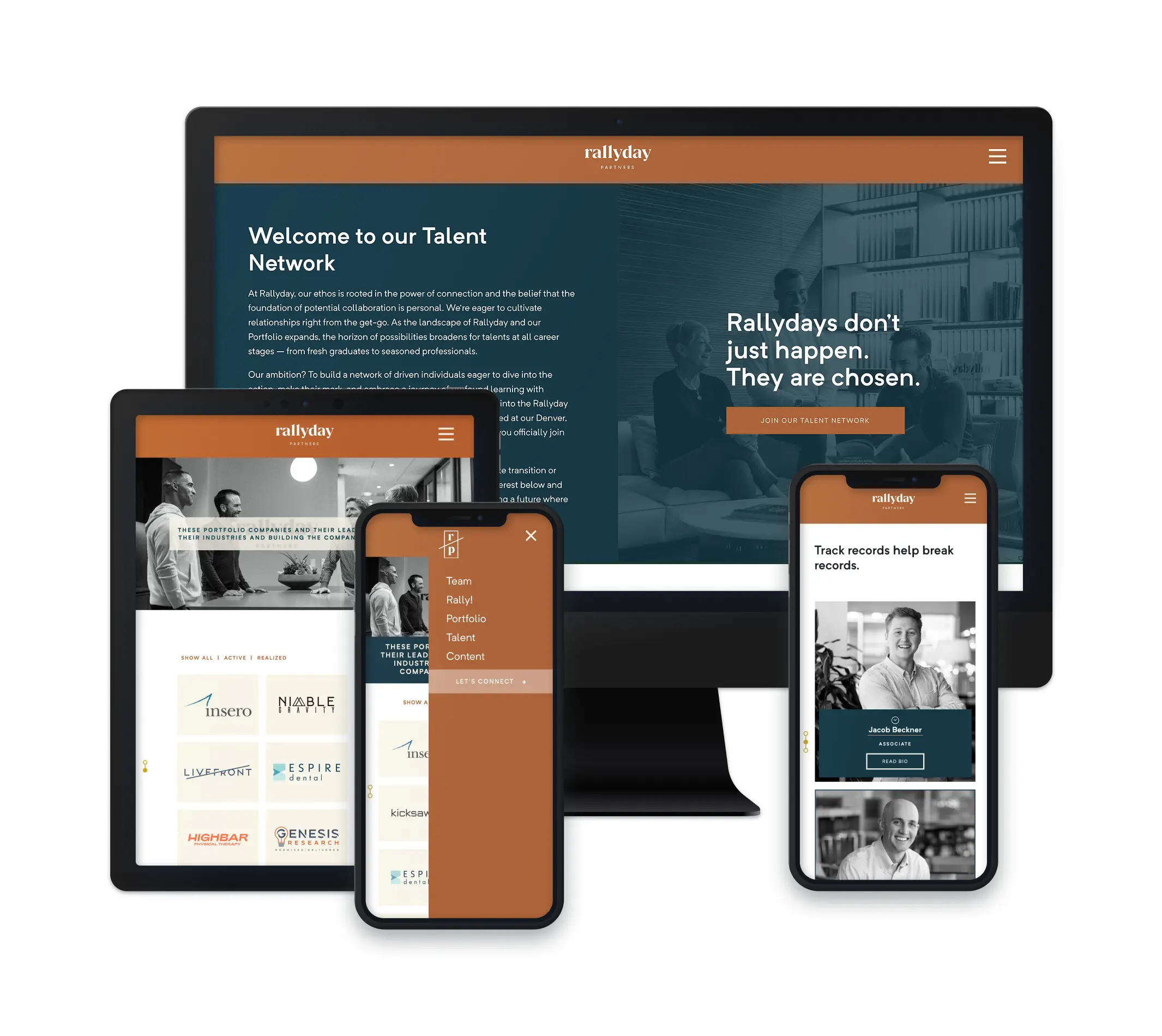 The image displays the website of "Rallyday." It shows the homepage on various devices: a desktop, tablet, and smartphone. The site highlights the company's Talent Network, emphasizing their belief in the power of personal connections. The design features a warm orange and dark blue color scheme with sections that introduce team members and showcase different portfolios. The desktop view displays the slogan "Rallydays don't just happen. They are chosen," inviting users to join their talent network. The mobile version offers easy navigation to various sections, including talent and portfolio.