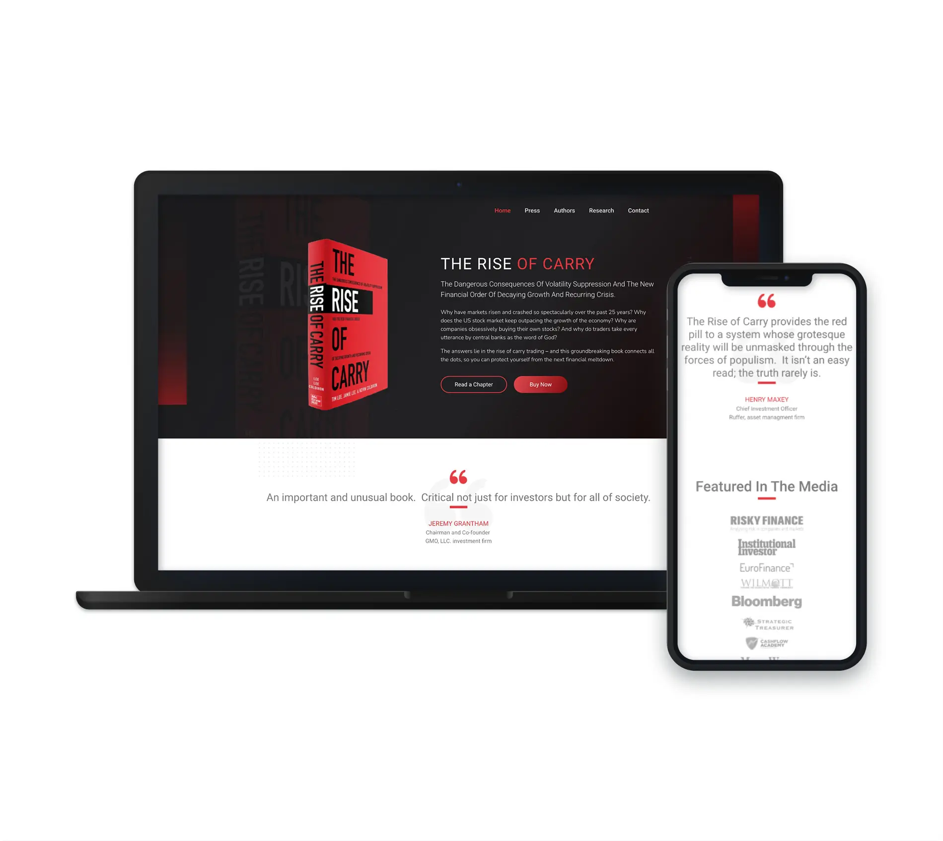 The image shows a website layout on a laptop and mobile device, promoting the book titled The Rise of Carry. The website features a prominent image of the book cover, with red text that highlights the title. It includes a quote from an expert praising the book and mentions media outlets that have featured it, such as Risky Finance, Institutional Investor, and Bloomberg. The site encourages visitors to read and purchase the book, with call-to-action buttons to "Read Excerpt" and "Buy Now."