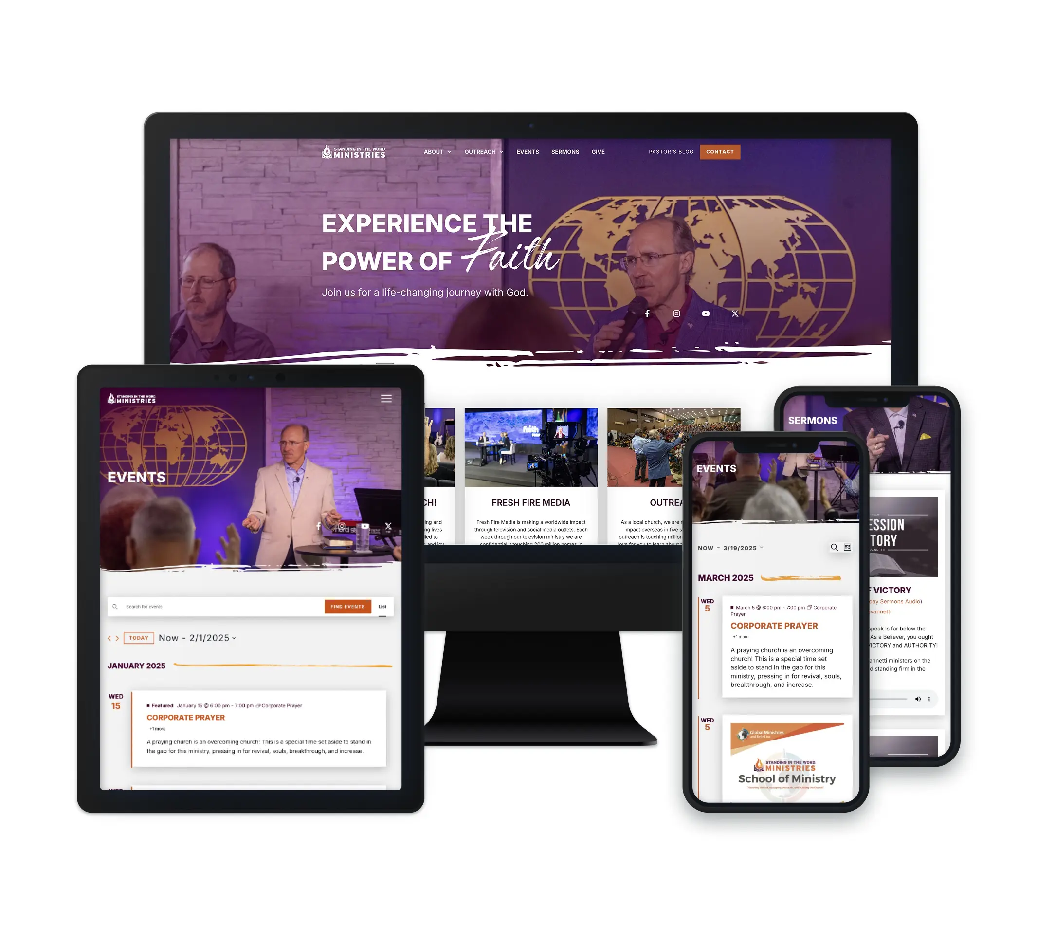 The image displays a multi-device view of the website for Standing in the Word Ministries. The website's homepage is shown on a desktop computer, tablet, and mobile phone, highlighting the church's events and sermons. The main visual features a man speaking at the front of the church, with the globe behind him, emphasizing the global reach of the ministry. The website provides information about upcoming events, services, and sermons, showcasing a clean and engaging interface suitable for all devices. The layout includes vibrant colors, with the prominent message, "Experience the Power of Faith," inviting users to connect with the ministry.