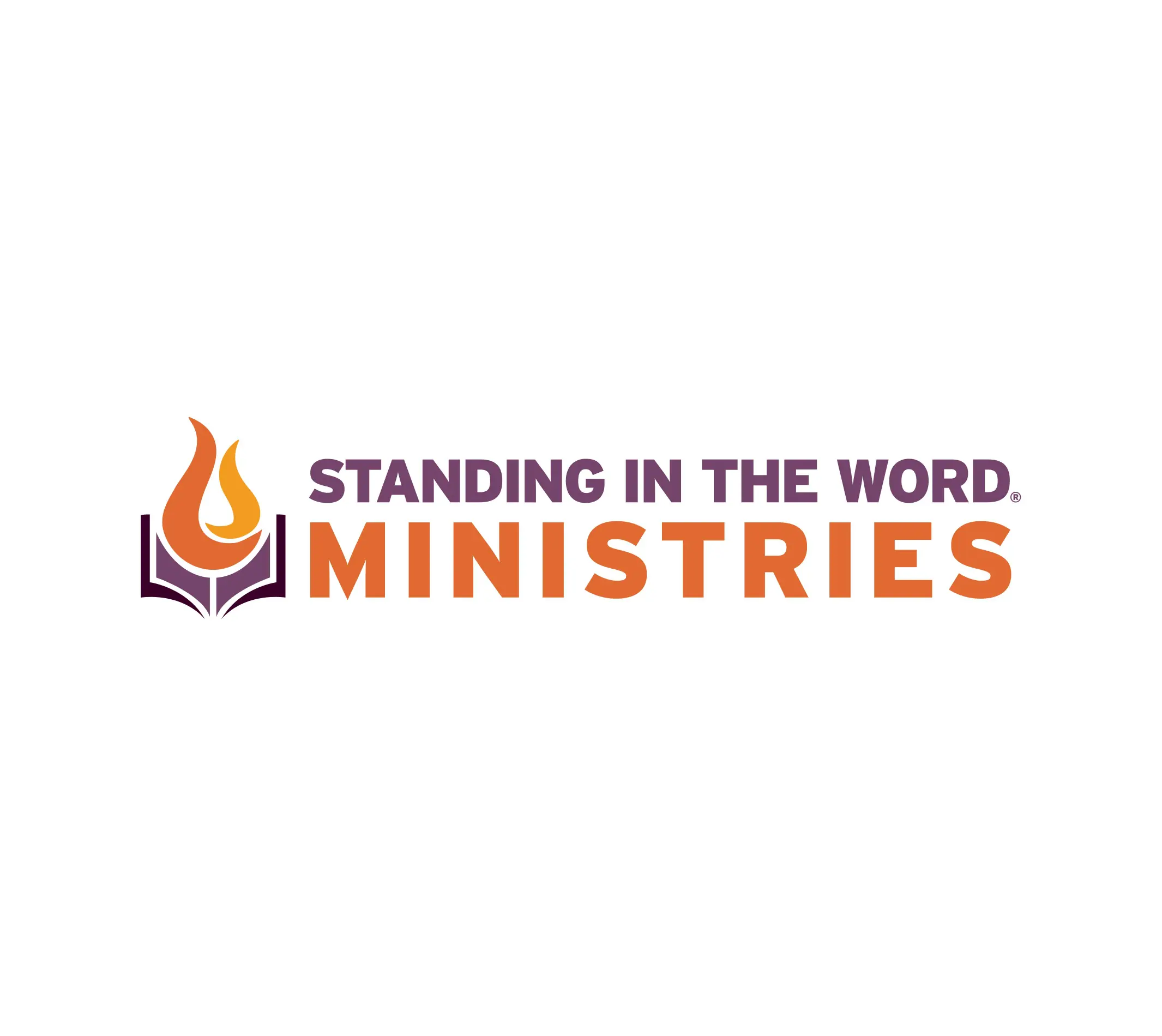 The image displays the logo for Standing in the Word Ministries. The logo features an open book with flames rising from it, symbolizing the power of the Word and the Holy Spirit. The text "STANDING IN THE WORD" is placed above the word "MINISTRIES," with vibrant purple and orange colors, representing a combination of knowledge (book) and inspiration (flame). The design exudes a sense of warmth, spirituality, and clarity, reflecting the ministry’s focus on faith and the word of God.