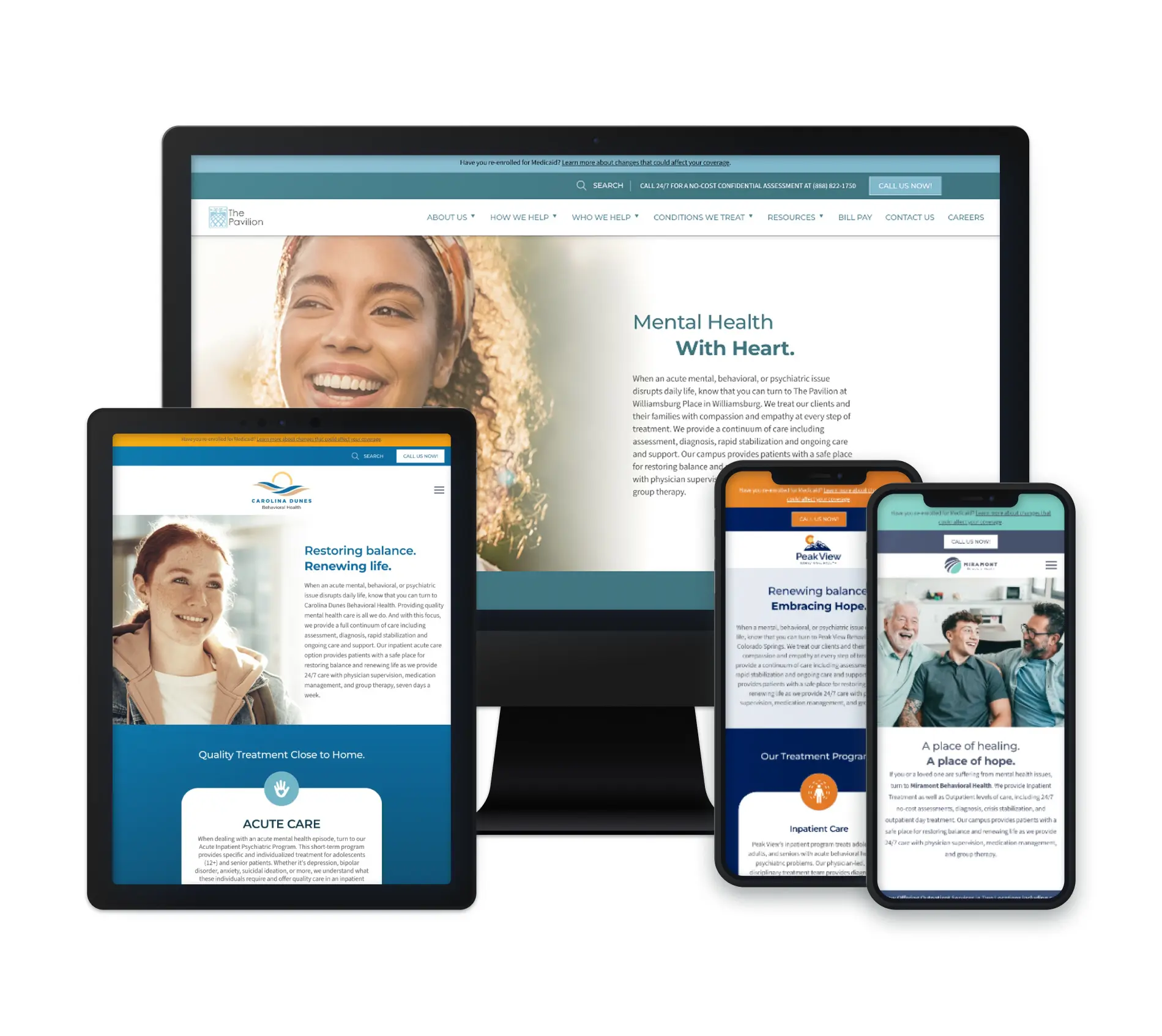 The image displays multiple devices showing the website for "Mental Health With Heart." A desktop monitor shows the main site with a header and tagline "Mental Health With Heart" alongside a smiling individual. A tablet displays content for "Acute Care," and a smartphone showcases treatment options such as "Embracing Hope" and "A Place of Healing." The website emphasizes providing quality mental health care and a supportive environment. The design uses warm, calming colors with an approachable layout, highlighting care services and treatment philosophy.