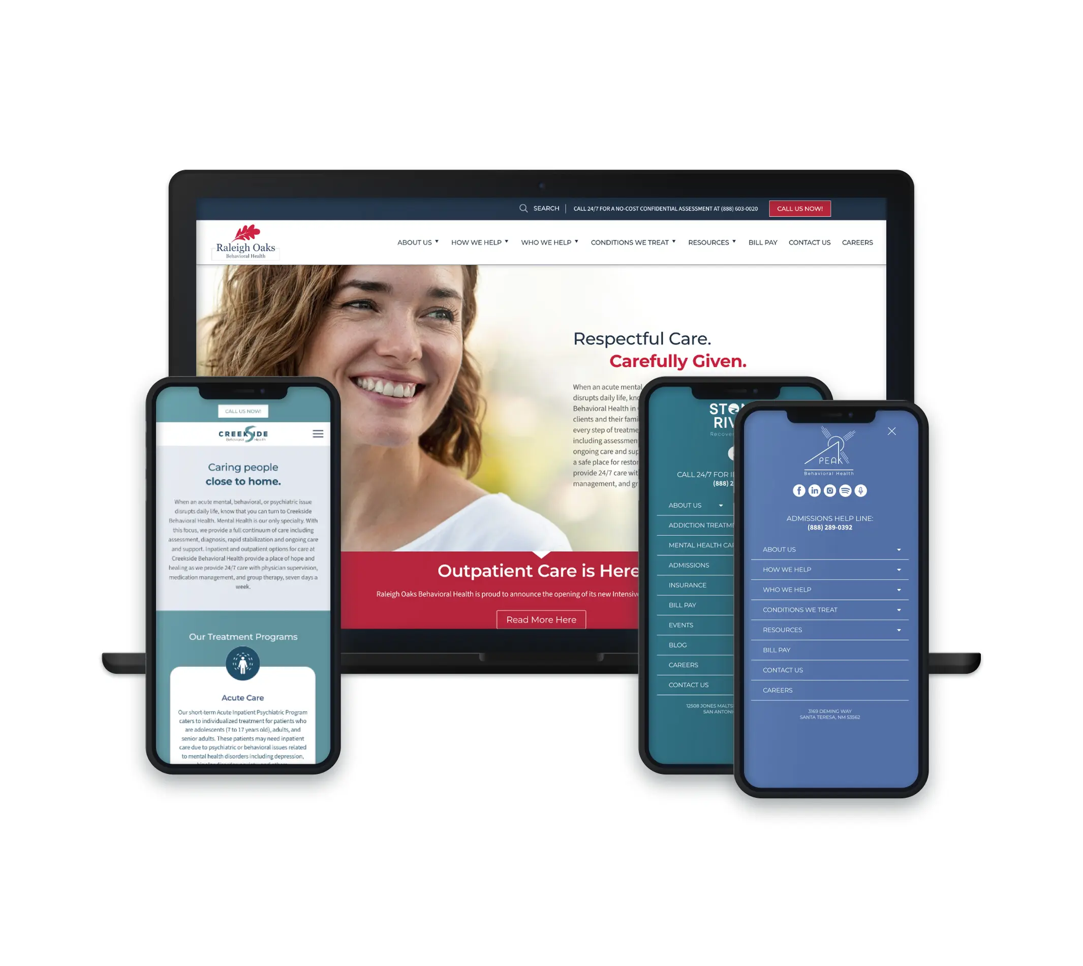 The image displays three devices showing the websites of healthcare providers. A laptop shows the Raleigh Oaks Behavioral Health website, focusing on their outpatient care services, with a smiling woman featured on the page. Two smartphones display additional healthcare websites, including one for a service focused on caring for individuals near home and another showing the PEAK Behavioral Health site, emphasizing 24/7 care services. The layout of the devices highlights how the websites are optimized for both mobile and desktop views.