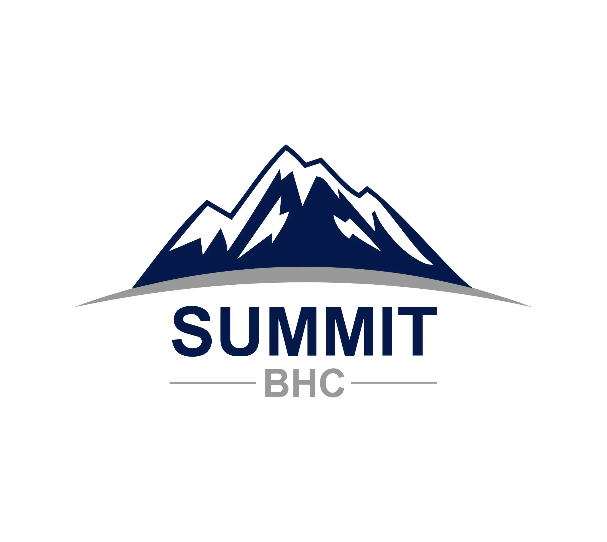 The image shows a logo for "Summit BHC," featuring a stylized mountain with snow-capped peaks. The word "SUMMIT" is in bold, uppercase navy blue text, while "BHC" is in smaller, gray text below. The mountain range is outlined with subtle gray curves beneath it, symbolizing elevation and growth.