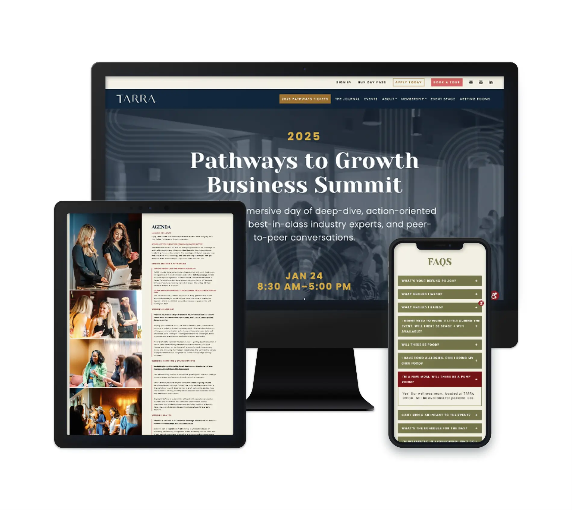 The image shows a responsive webpage for the "2025 Pathways to Growth Business Summit," displayed across three devices: a desktop monitor, tablet, and smartphone. The website highlights the event's agenda, date, and details, inviting participants to an immersive day of business growth with expert insights and peer conversations. The agenda is detailed on the tablet view, while the smartphone features a FAQ section for additional event information. The overall design reflects a professional, clean layout with an emphasis on the summit's importance and interactive elements.