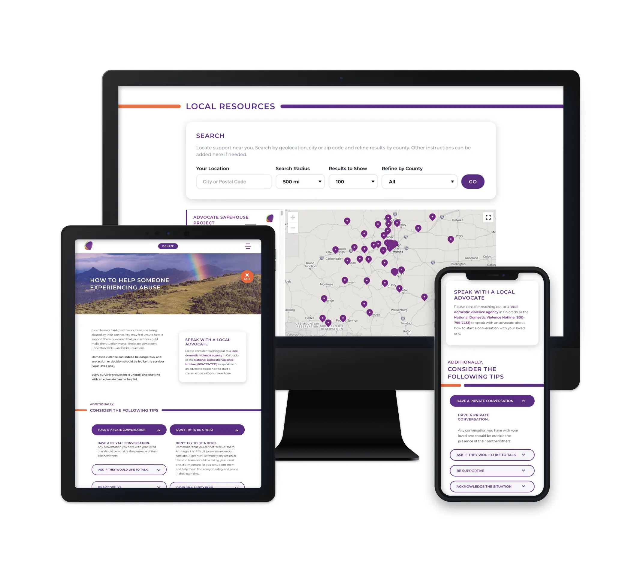 The image shows a responsive website layout displayed across three devices: a desktop, tablet, and smartphone. The website's interface features a "Local Resources" section with a search bar allowing users to locate support based on geolocation, city, or postal code. The map displays results in purple markers, and the page includes helpful tips for individuals seeking guidance on how to help someone experiencing abuse. The content also provides advice for connecting with local advocates and offers additional tips for handling such sensitive situations.