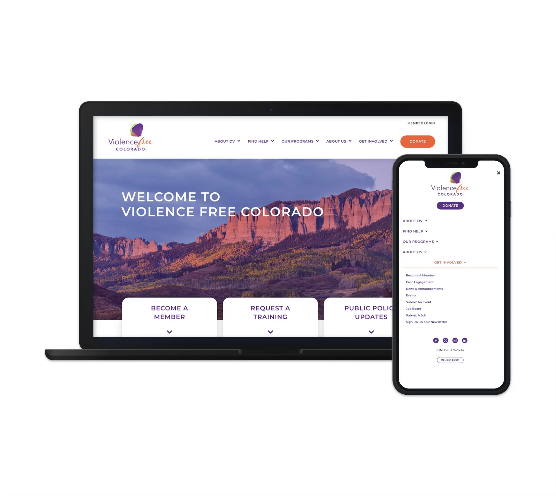 The image showcases the website for Violence Free Colorado displayed on both a laptop and mobile device. The website greets visitors with a beautiful backdrop of Colorado's landscape and presents clear navigation options such as "Become a Member," "Request a Training," and "Public Policy Updates." The website’s design uses vibrant colors, reflecting the organization's mission of creating a positive impact. The mobile version includes similar easy-to-navigate features, including a donation button, reinforcing the accessibility and user-friendly design of the platform.