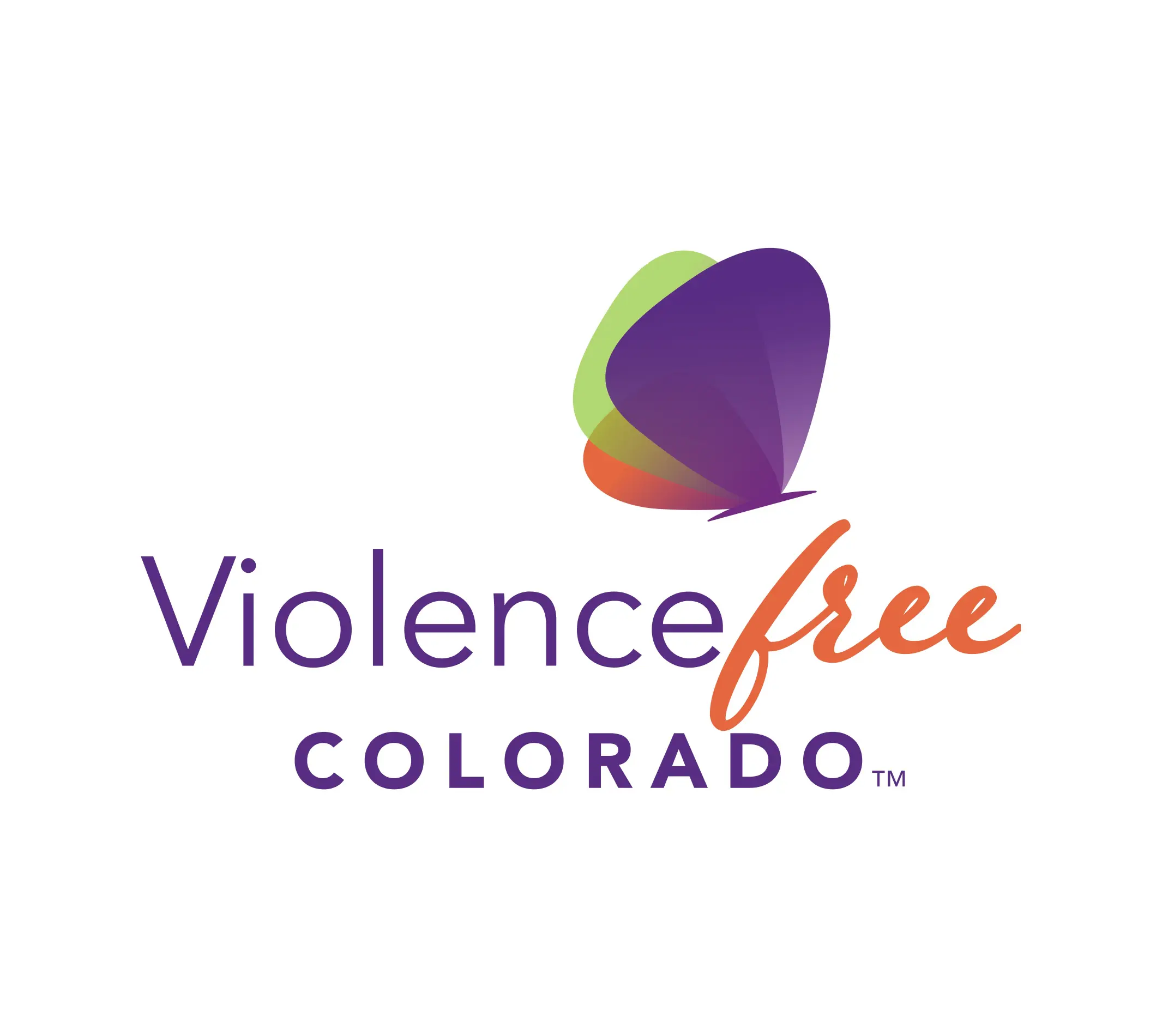 The image features the logo of "Violence Free Colorado." The logo consists of a butterfly-like shape in purple, green, and orange hues, symbolizing transformation and hope. The text "Violence" is in purple, and "free" is in orange, while "COLORADO" is written in purple below the main text, conveying the organization’s focus on promoting a violence-free environment in Colorado.
